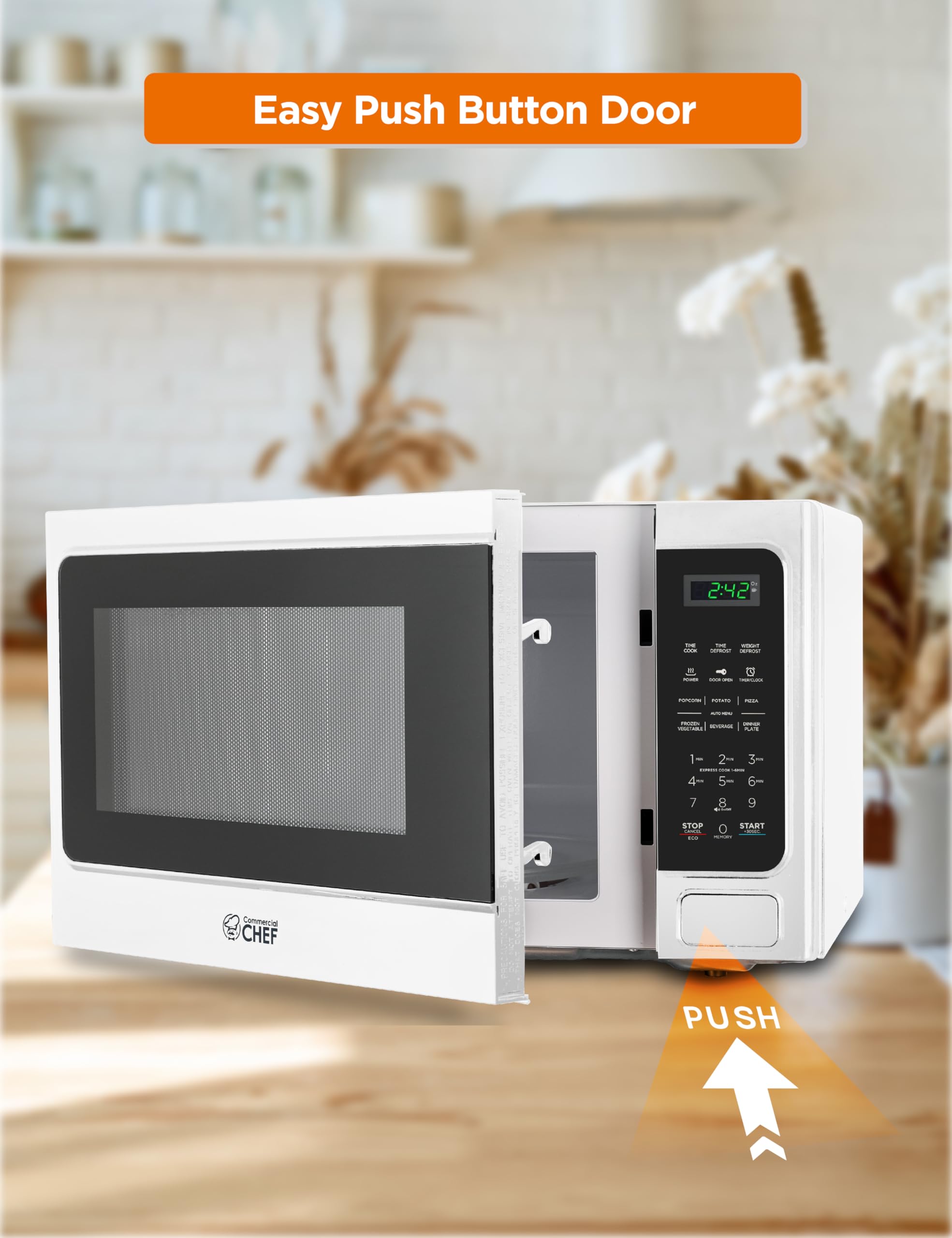 Commercial Chef 1.3 Cu Ft 1000W Countertop Microwave with 10 Power Levels, Push Button Door Lock, Digital Controls & Timer - Perfect for Home Kitchen, Office, Dorm Rooms & Small Spaces (White)