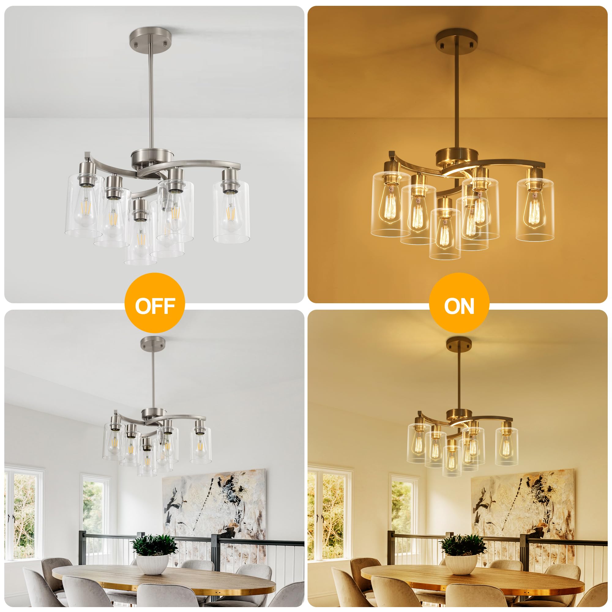 6-Light Brushed Nickel Chandelier - Adjustable Height Industrial Pendant Lighting with Clear Glass Shade for Dining Room, Kitchen Island & Bedroom | Perfect for Modern Farmhouse, Loft & Industrial Style Decor