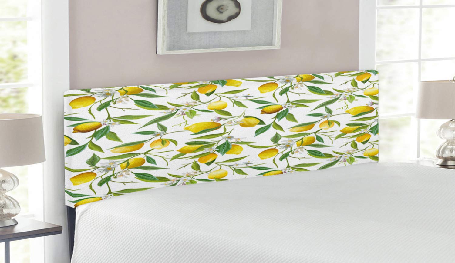 Ambesonne Queen Size Upholstered Headboard with Memory Foam - Floral Lemon Tree Nature Design in Fern Green, Yellow & White | Decorative Metal Bed Frame Headboard for Romantic Bedroom Decor | Perfect for Master Bedrooms, Guest Rooms & Home Staging