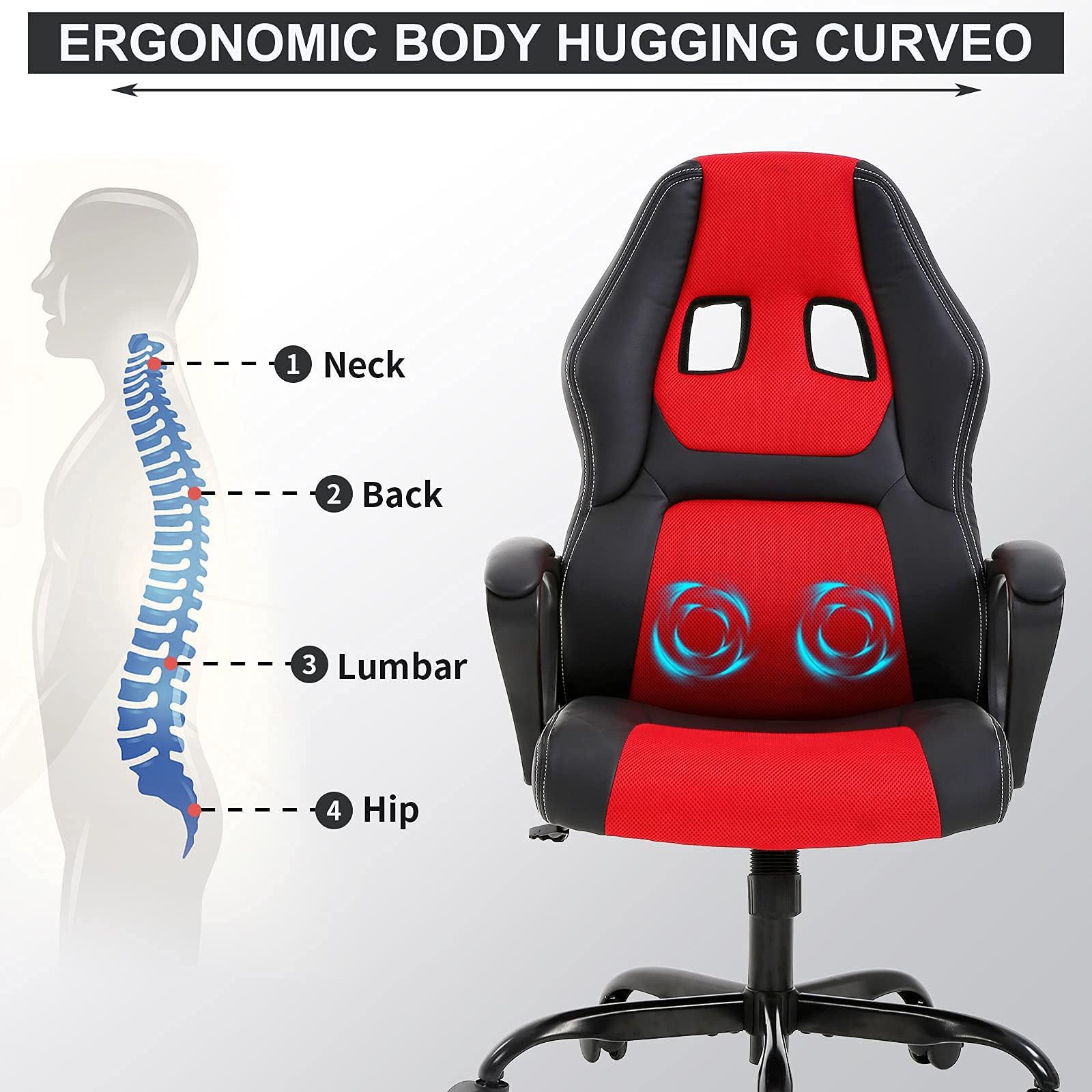 Ergonomic Gaming Chair with Massage & Lumbar Support - PU Leather Office Computer Chair with Adjustable Headrest & Armrests - Modern Swivel Rolling Task Chair for Home & Office Workspace - Perfect for Gaming, Working, and Relaxing (Red)