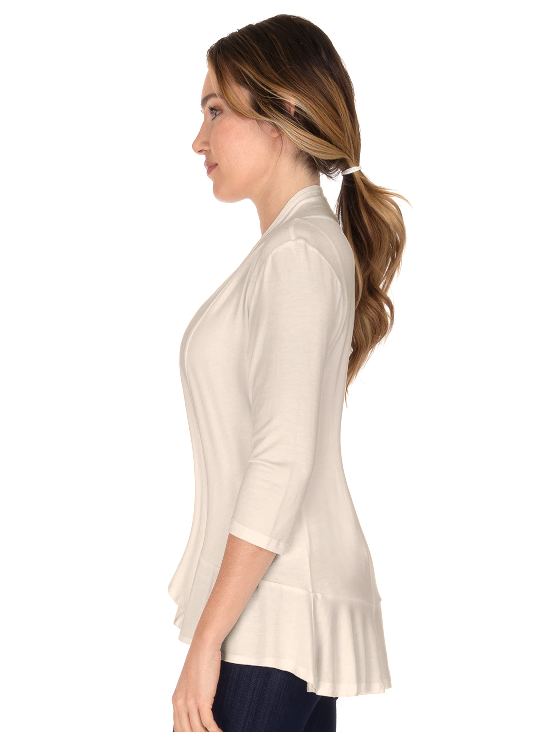 Women's 3/4 Sleeve Ruffle Cardigan Sweater - Lightweight Knit Open Front Cover Up - Small Size, Khaki Color - Perfect for Office, Date Night & Spring Layering