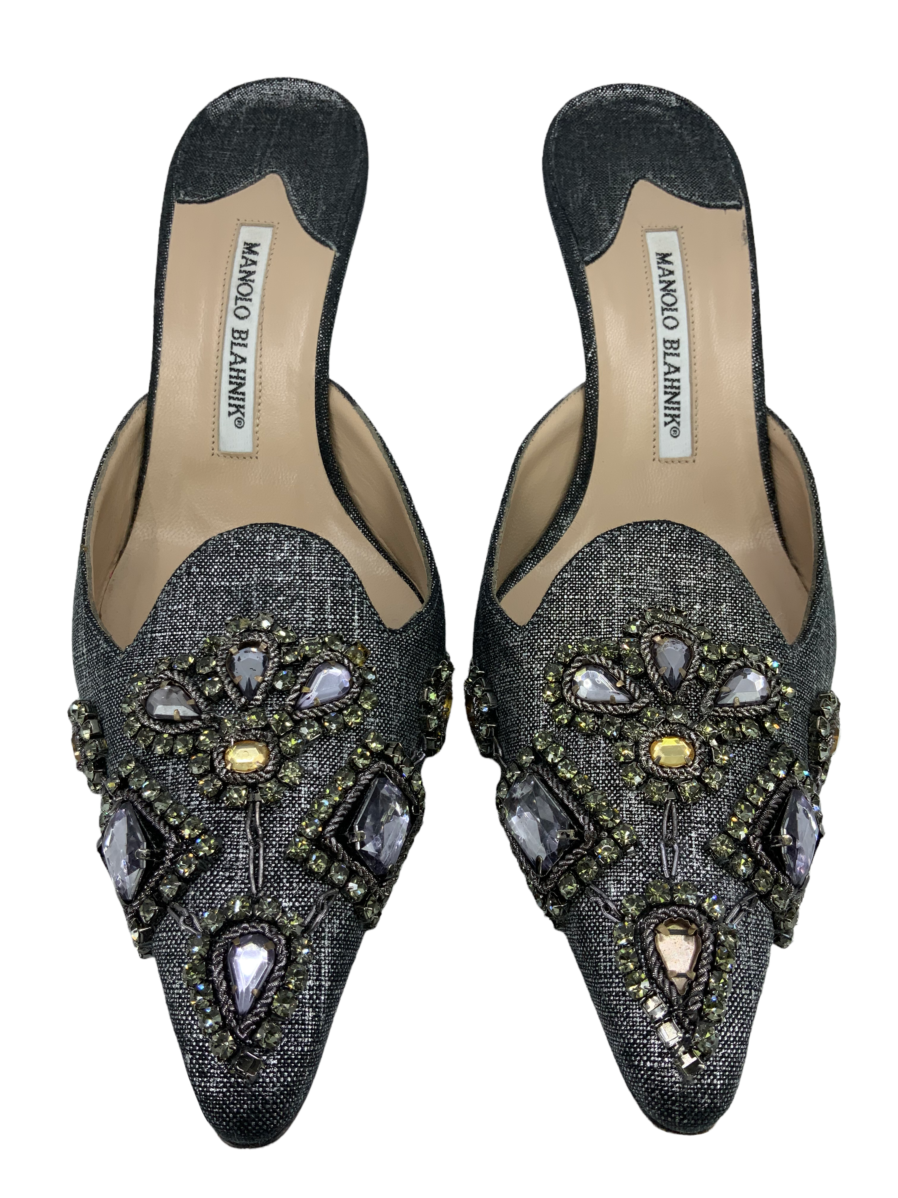 Manolo Blahnik Embellished Fabric Mules Women's Size 11 | Luxury Designer Slides for Women | Perfect for Weddings, Parties & Summer Outfits