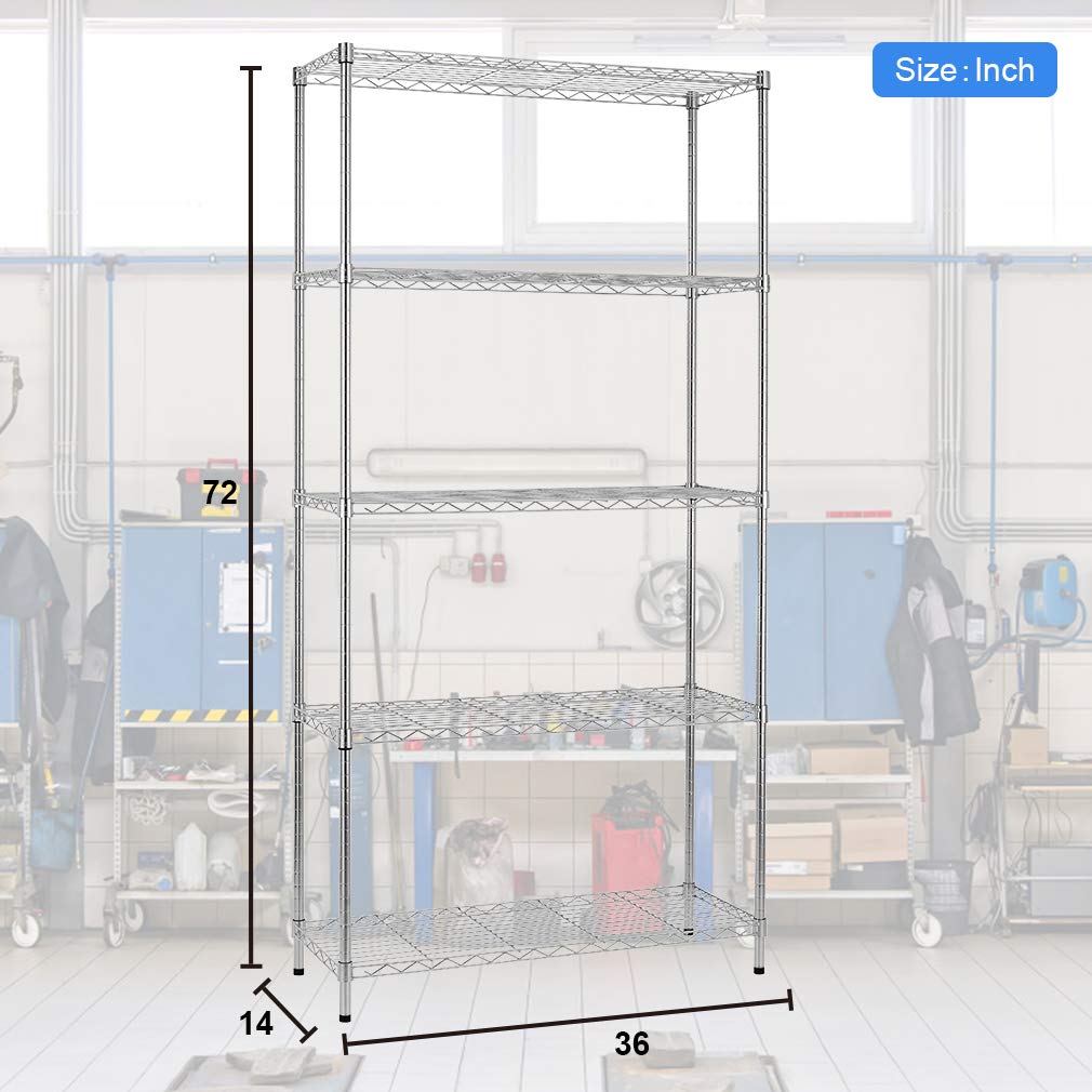 5-Tier Heavy Duty Metal Wire Shelving Unit - Adjustable Storage Rack for Kitchen, Pantry, Garage & Office (72