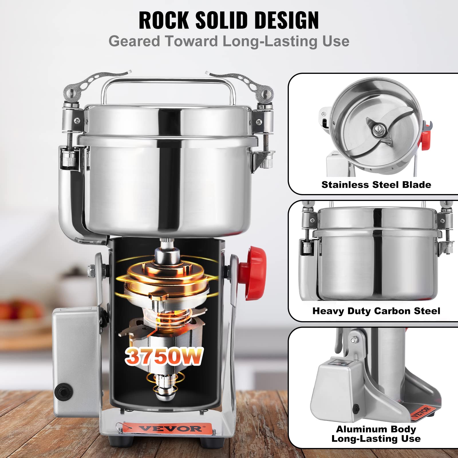 VEVOR 2500g Commercial Electric Grain Grinder - 3750W High-Speed Stainless Steel Mill for Coffee, Corn, Pepper & Dry Grains - Perfect for Bakeries, Restaurants & Home Kitchens