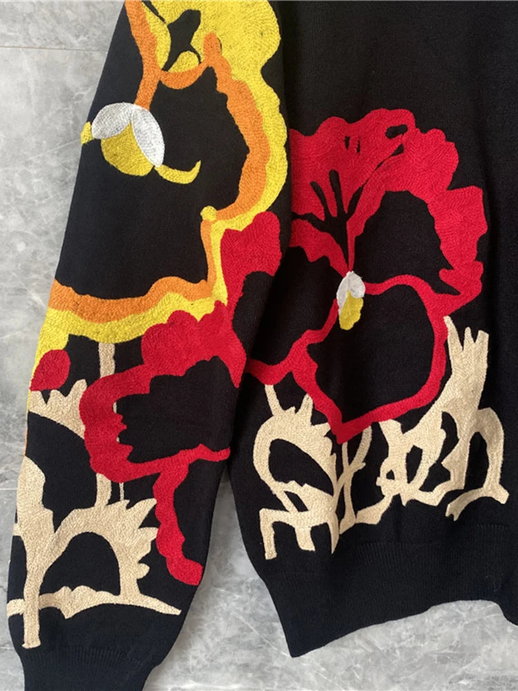 Boho Black Floral Embroidery Pullover Sweater for Women - Long Sleeve O-Neck Loose Knit Jumper Top for Autumn & Winter | Casual Outfits, Holiday Parties, Office Wear & Cozy Layering