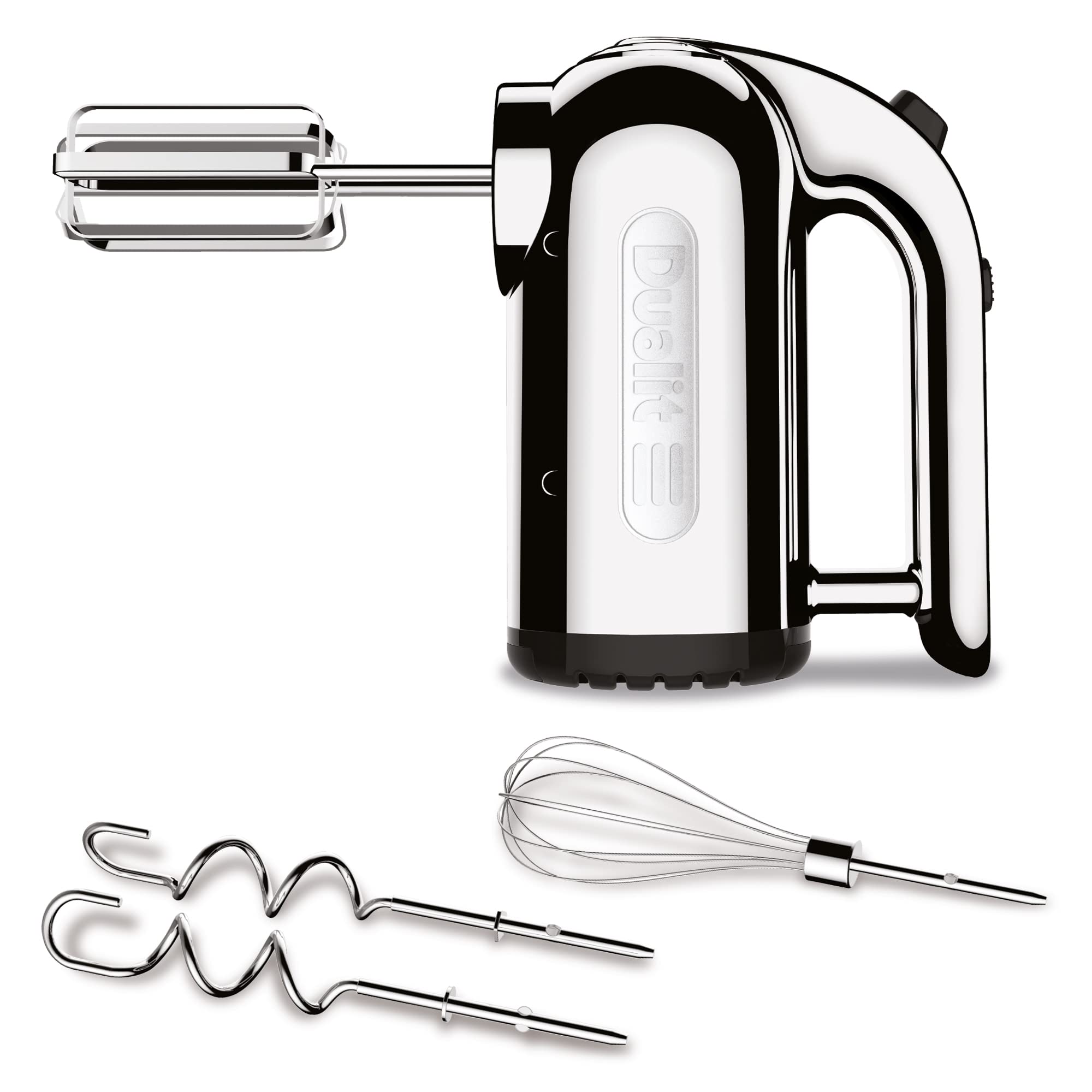 Dualit 400W Hand Mixer with Strong Grip Handle - Includes Flat Beaters, Dough Hooks & Balloon Whisk - 4 Speed Settings with Repairable Gears - Built-in Plug Storage - Perfect for Baking, Whipping Cream & Mixing Dough