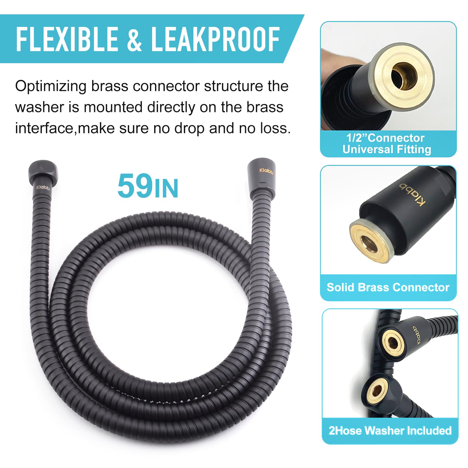 Klabb 59-Inch Stainless Steel Shower Hose with Brass Insert & Nut - Durable, Flexible Handheld Shower Replacement for Bathroom, RV, and Travel Use (Black)
