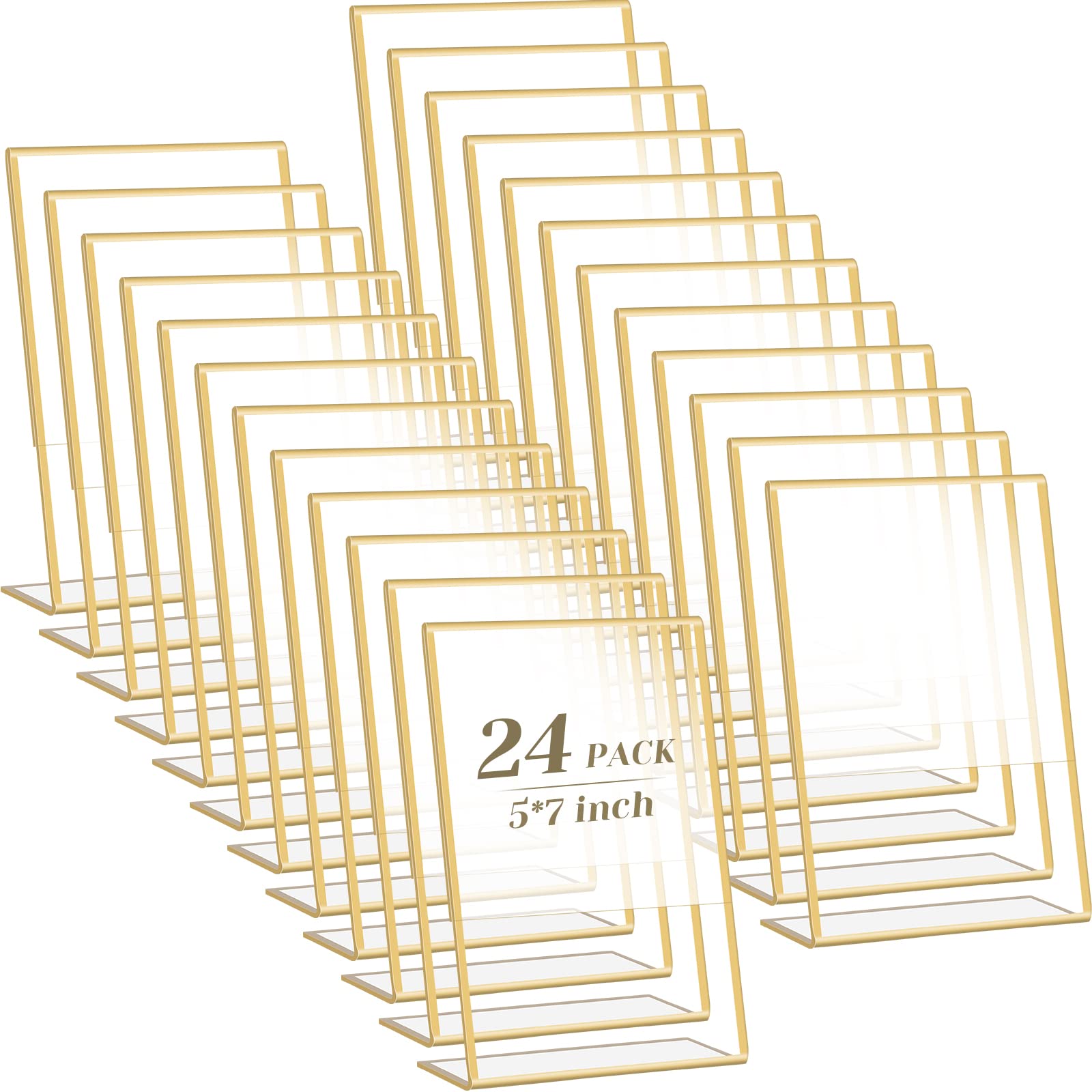 24 Pack Gold Border Acrylic Sign Holders - 5x7 Inch Clear Plastic Picture Frames with Vertical & Slant Back for Tabletop Display - Perfect for Wedding Menus, Office Signs, Restaurant Displays & Retail Merchandising