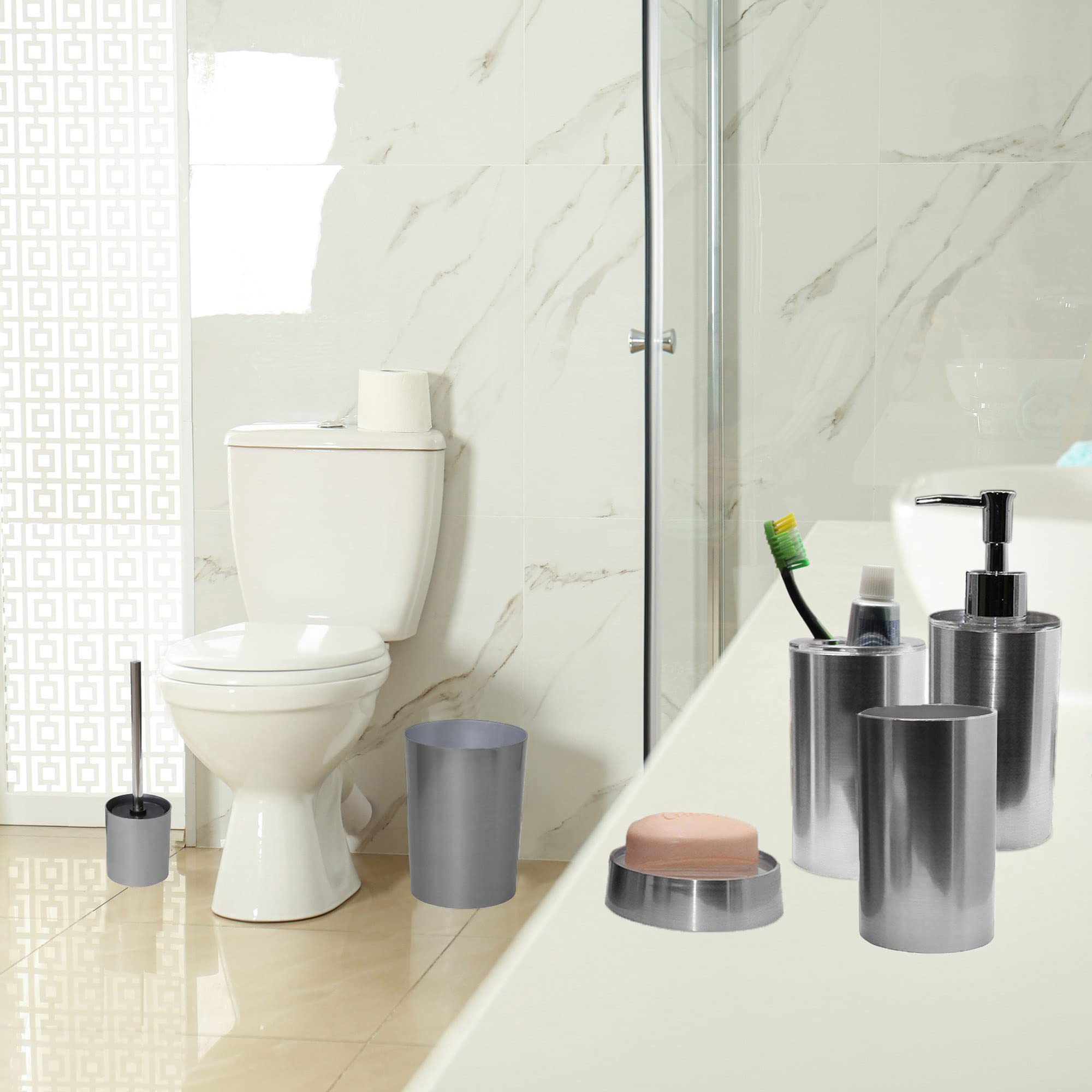 Brushed Aluminum Bathroom Tumbler Cup Holder & Toothbrush Organizer - NOUMEA - Perfect for Bathroom Countertop, Vanity, and Shower Storage Organization