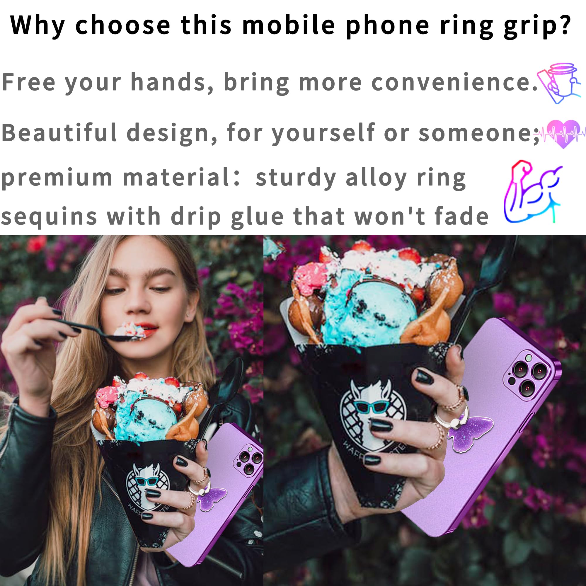 Sparkling Butterfly Phone Grip Stand - Glittery Purple Cell Phone Ring Holder for Women & Girls | Compatible with iPhone, Android Smartphones, Tablets & E-Readers | Perfect for Selfies, Reading & Hands-Free Use (PU Leather Butterfly Design)