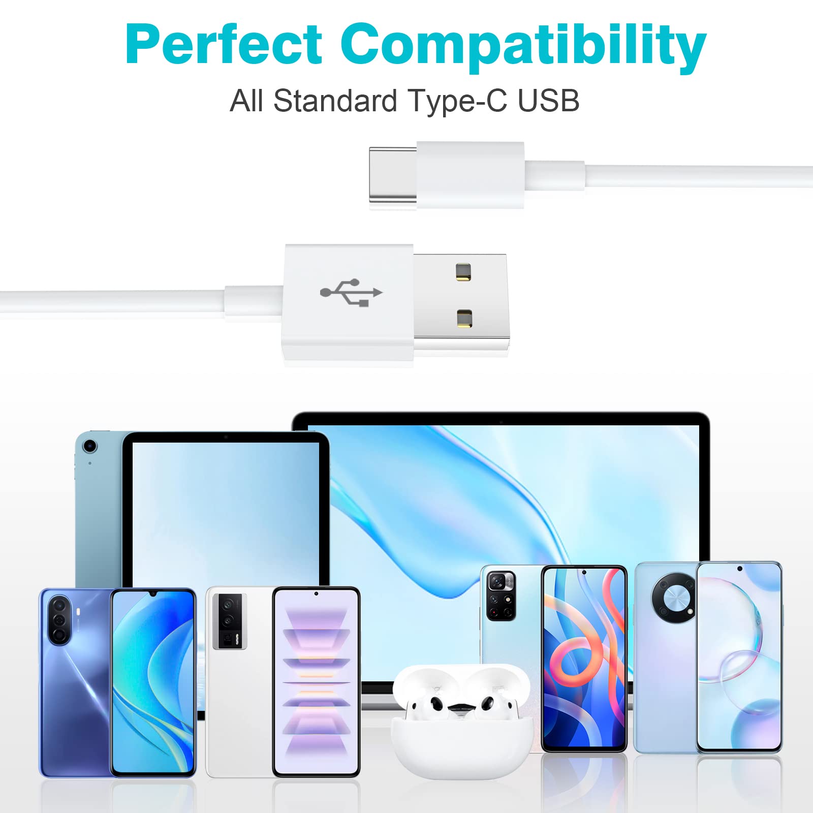 2-Pack USB C to USB A Fast Charging Cable 3FT/1M - Compatible with iPhone 16/15 Pro, Samsung Galaxy S24/S23/S22/S21, Note 10/9/8, Huawei, Google Pixel, Sony Xperia - Perfect for Home, Office & Travel Charging (White)