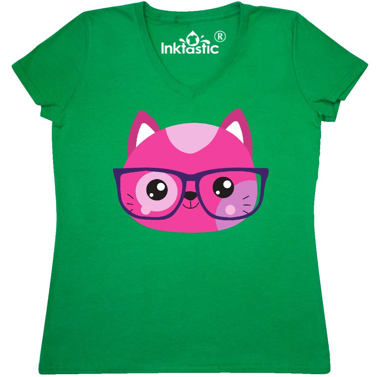 Inktastic Hipster Cat with Glasses - Cute Little Cat Graphic Women's V-Neck T-Shirt - Perfect for Casual Wear, Cat Lovers & Funny Gift Ideas