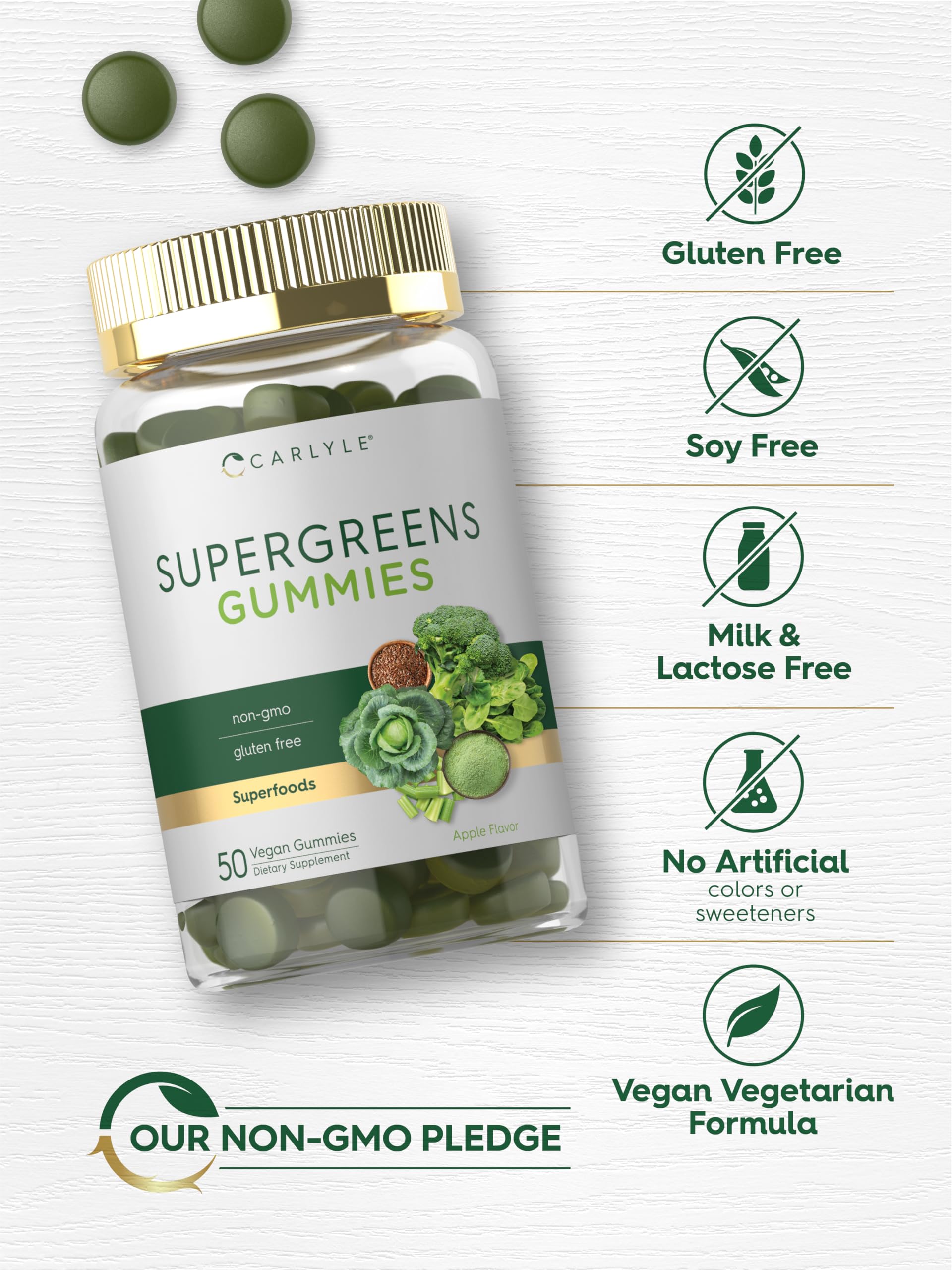Carlyle Supergreens Gummies - 50 Count | Apple Flavor | Vegan, Non-GMO & Gluten Free Supplement for Immune Support & Daily Wellness | Perfect for On-the-Go Nutrition & Healthy Lifestyle