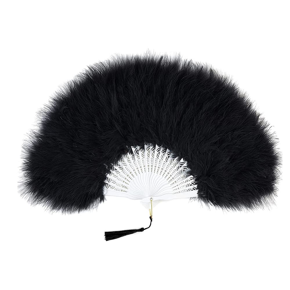 Elegant Black Feather Flapper Hand Fan for Women - Large Marabou Folding Dance Fan | Perfect for Vintage Dance Performances, Costume Parties & Wedding Accessories