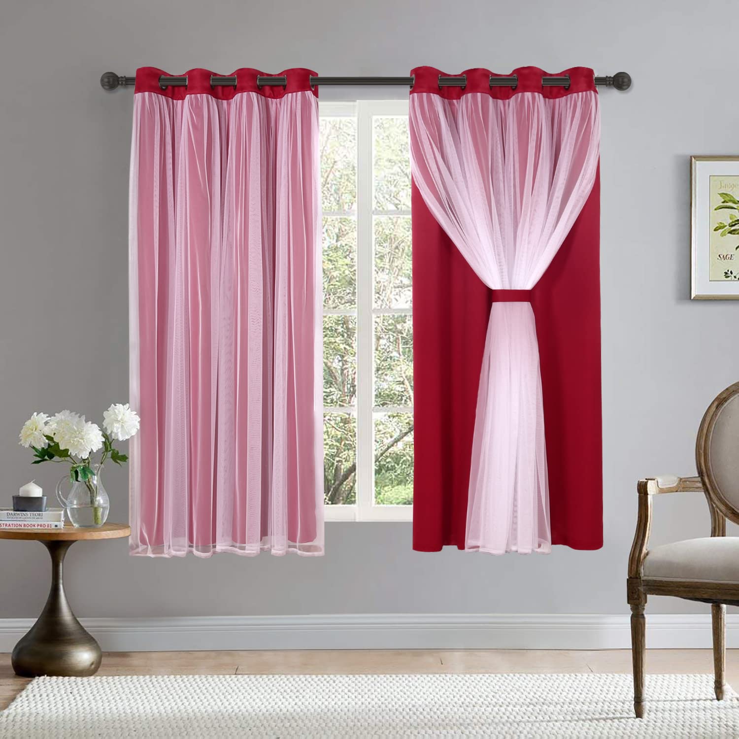 BONZER Double Layer Blackout Curtains with Sheer Voile - 52x63 Inch Set of 2 Panels, Red - Thermal Insulated Grommet Drapes for Bedroom & Living Room - Mix & Match Window Treatments for Light Control & Privacy