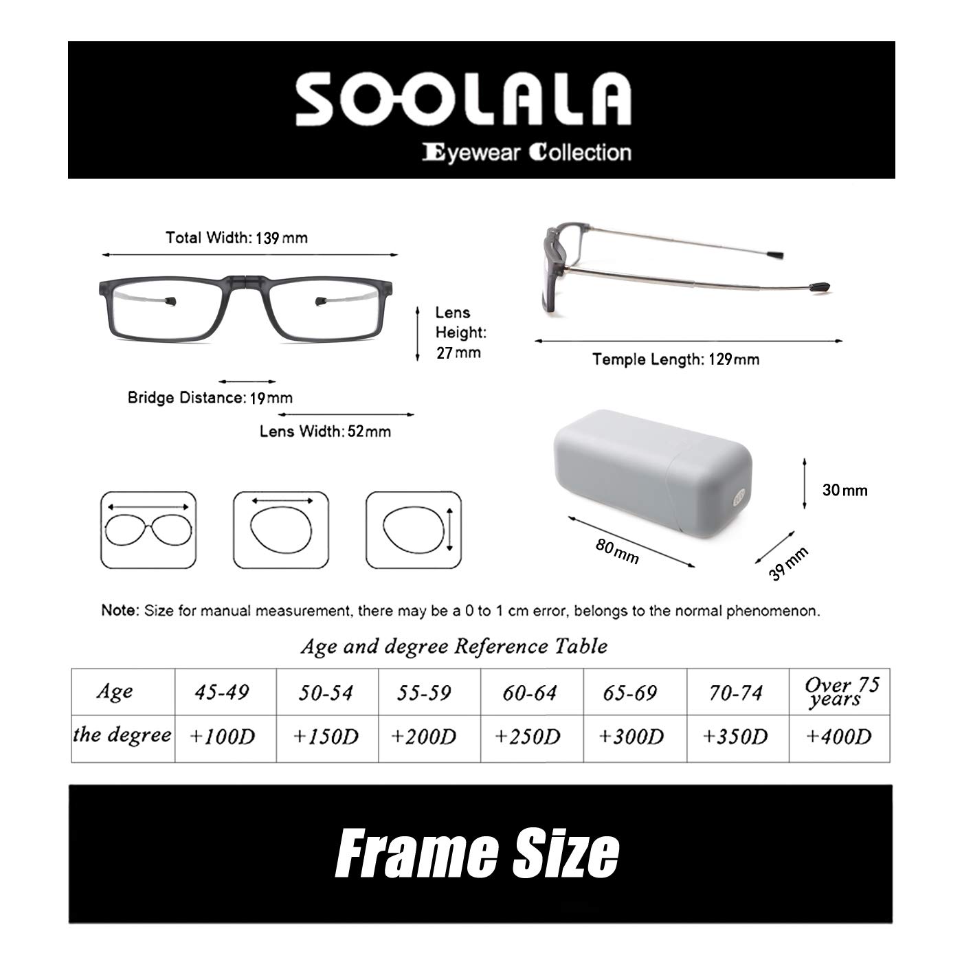 SOOLALA Reading Glasses - Super Lightweight Compact Foldable Readers for Men & Women - Perfect for Travel, Reading & Outdoor Activities