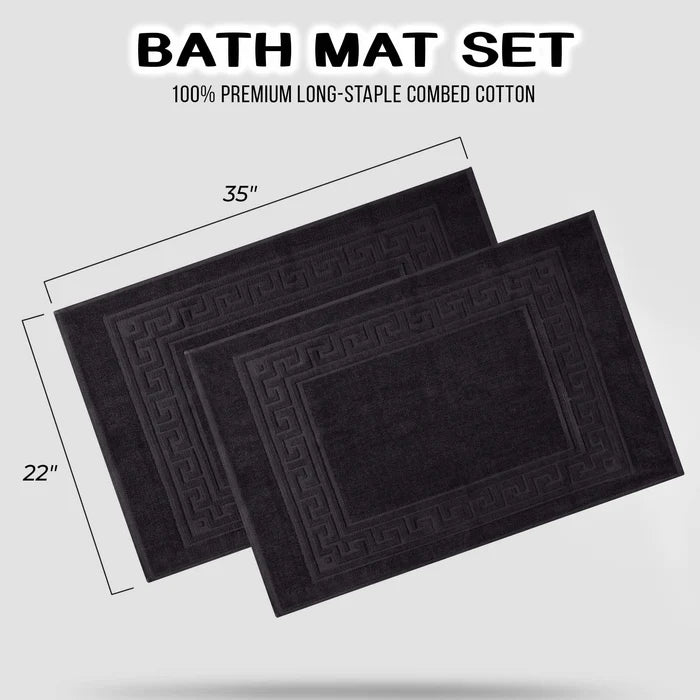 Premium Cotton 2-Piece Greek Key Border Bath Mat Set - Ultra Absorbent, Non-Slip Bathroom Rug - Perfect for Modern Bathrooms, Master Suites & Spa-Like Retreats