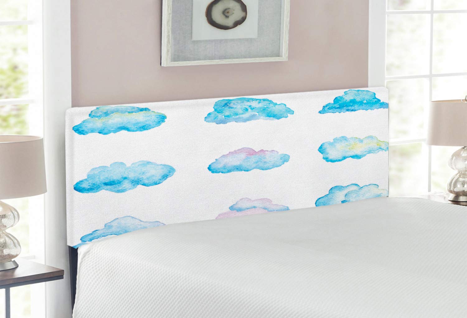 Ambesonne Clouds Headboard - Full Size Upholstered Metal Bed Frame with Memory Foam | Watercolor Cloud Pattern in Blue & White | Soft Fluffy Design for Bedroom Decor | Perfect for Modern, Boho & Nursery Room Styles