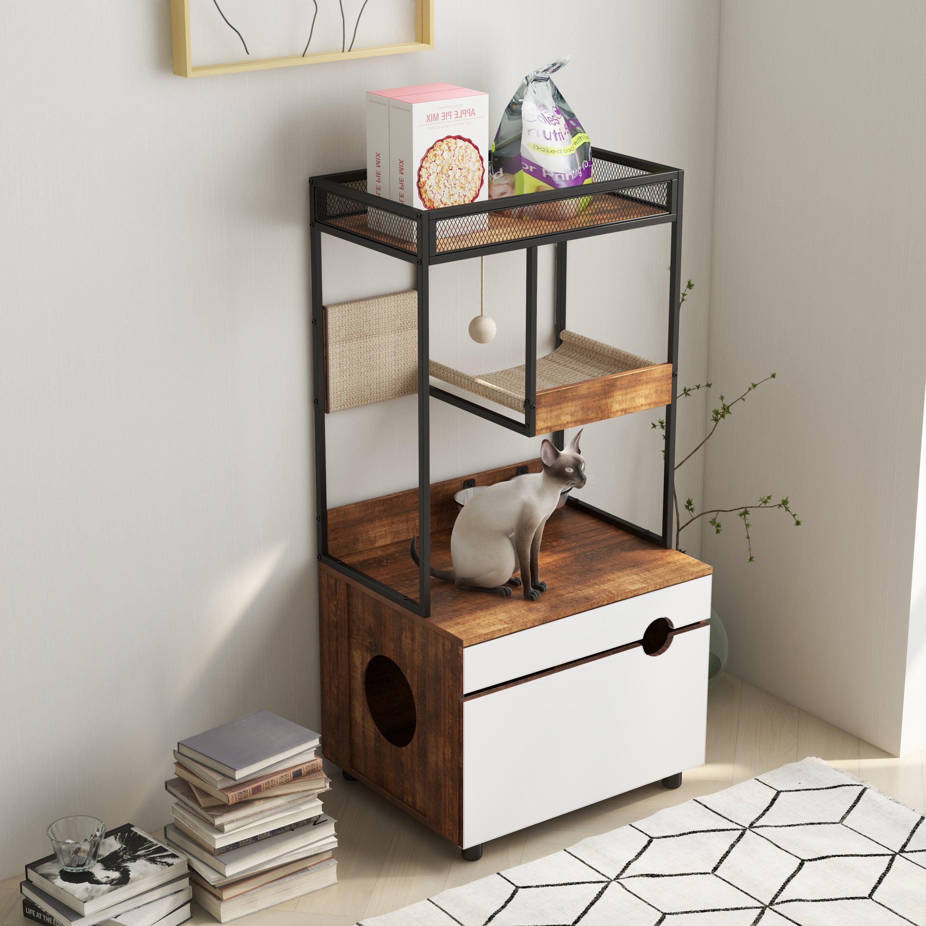 Cat Litter Box Enclosure with Cat Tree Tower - Modern Cat Furniture Cabinet for Home Decor | Perfect for Small Spaces & Multi-Cat Households