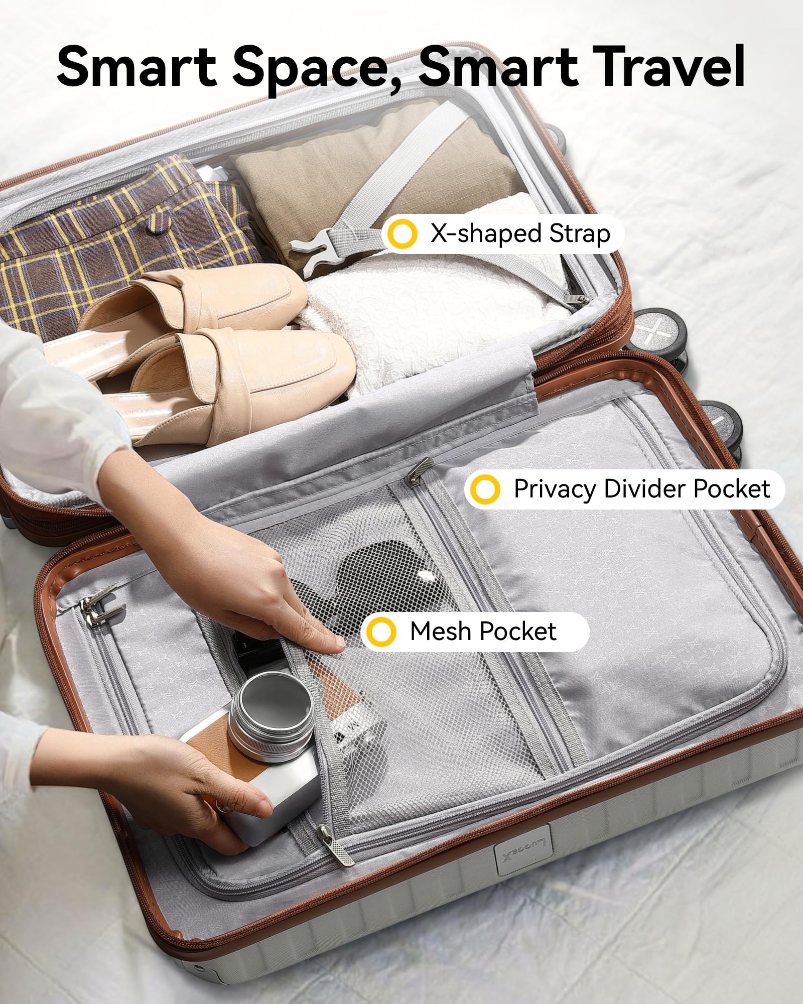 LUGGEX 3-Piece Expandable Hardshell Carry On Luggage Set with 360° Spinner Wheels - Lightweight PC Suitcase for Travel, Business Trips & Vacations (White/Brown)