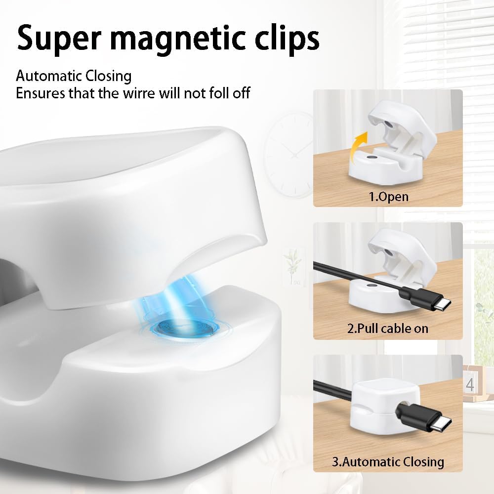 Magnetic Cable Clips 4 Pack - White Cord Organizer for Desk, Wall & Car | USB Charger Holder for Phone, Office, Nightstand & Desktop | Perfect for Home, Office & Travel Cable Management