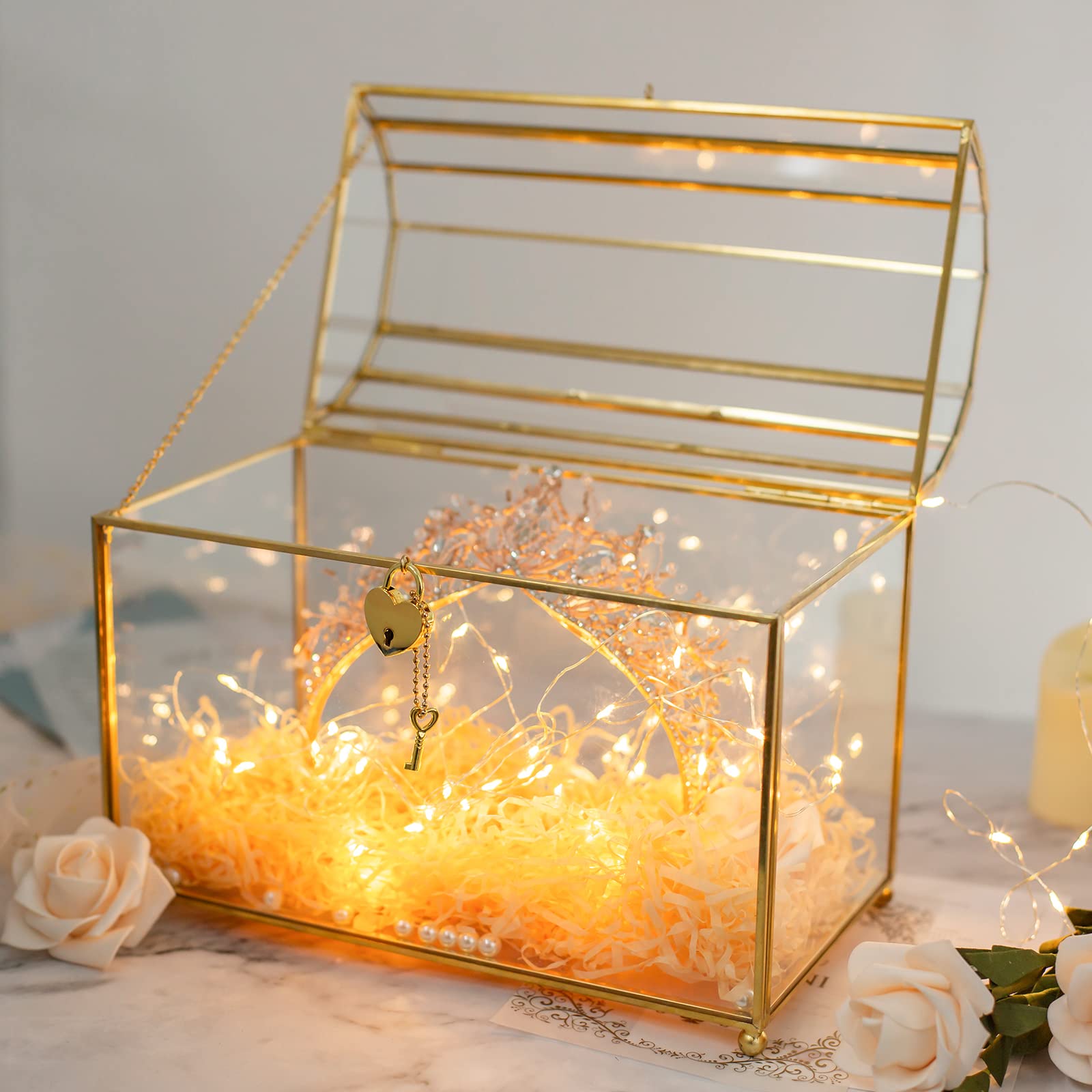 Elegant Gold Wedding Glass Card Box with Secure Heart Lock - Large Clear Card Holder for Wedding Reception, Bridal Shower, Anniversary - Handmade Brass & Glass Display Box Perfect for Wedding Centerpiece & Gift Collection - Ideal for Wedding Decor, Bridal Party, and Special Events