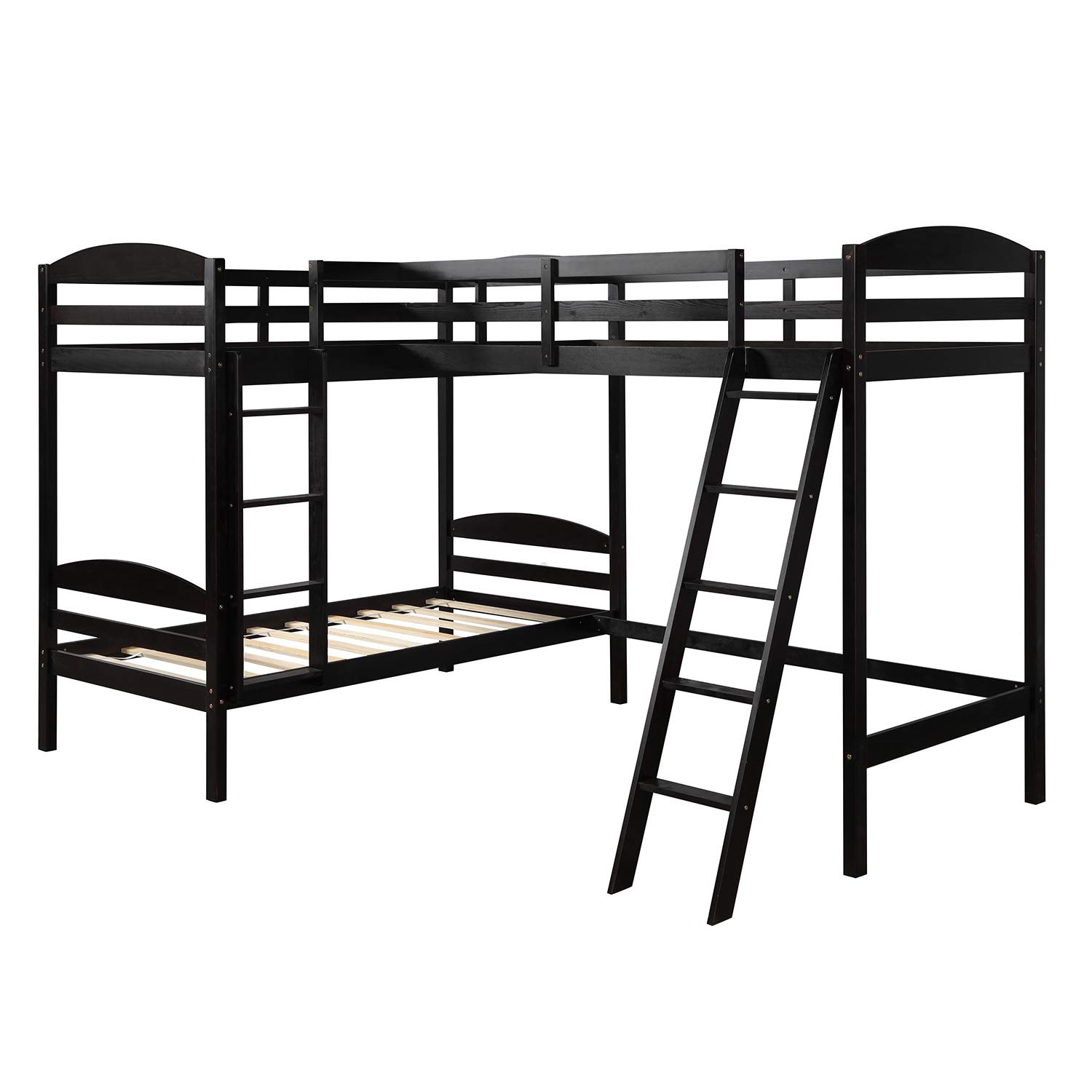 RUNNA Triple Bunk Bed - Solid Wood Twin Size 3-Tier Loft Bed with Guardrails & Ladder for Kids | L-Shaped Corner Space-Saving Design | No Box Spring Needed (Espresso Finish) | Perfect for Shared Kids' Rooms, Sleepovers & Small Spaces