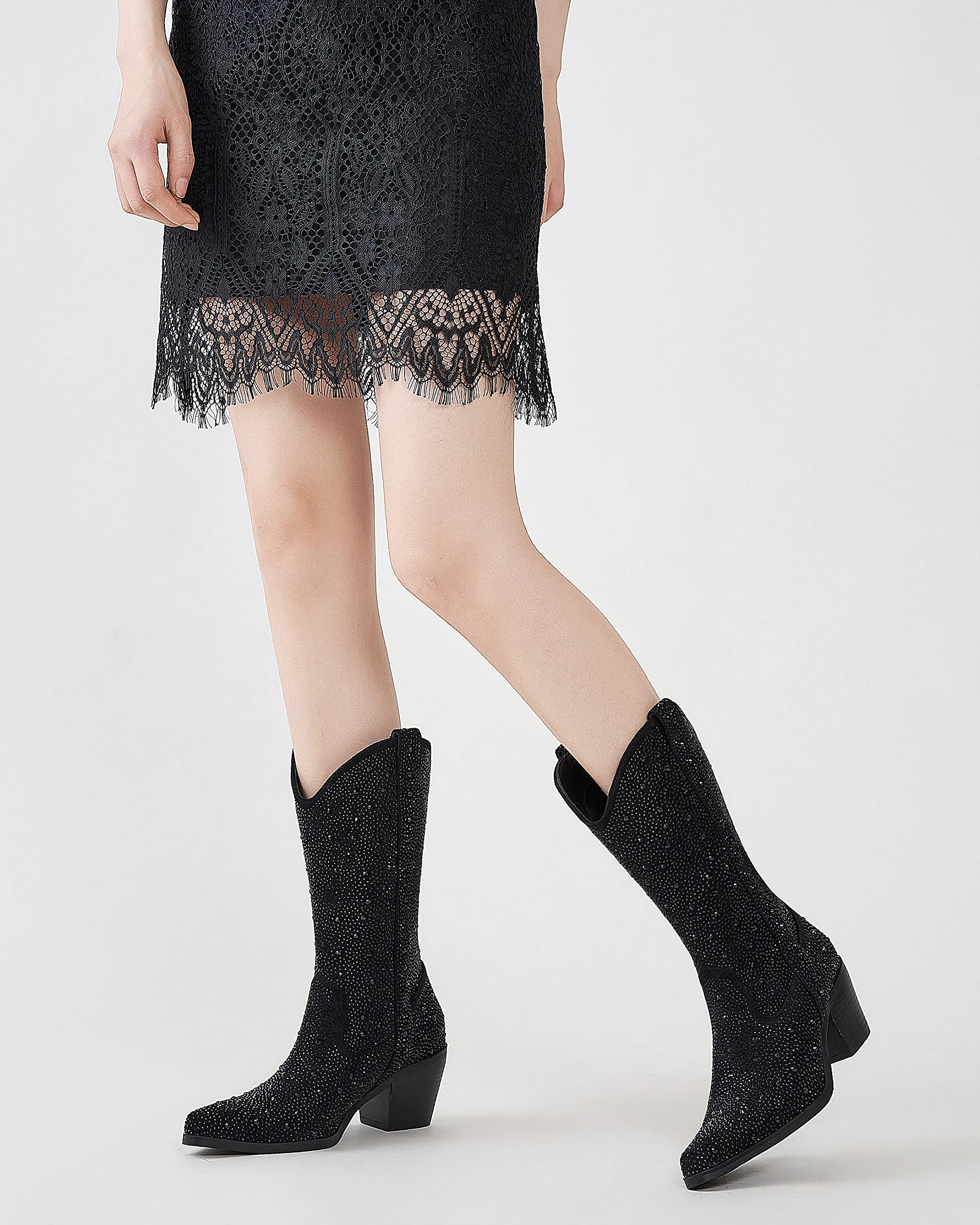 Sparkling Rhinestone Cowgirl Boots for Women - Black Mid Calf Cowboy Boots with Almond Toe & Chunky Heel | Perfect for Country Concerts, Line Dancing & Western Fashion (Size 7)