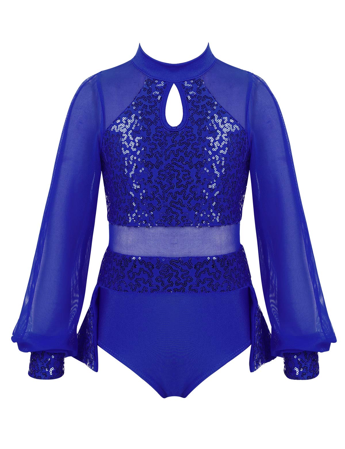 Kids Girls Mock Neck Sequins Keyhole Tulle Split Long Sleeves Ballet Leotard Dance Jumpsuit - Gymnastics Performance, Recital Costume, Stage Show Outfit