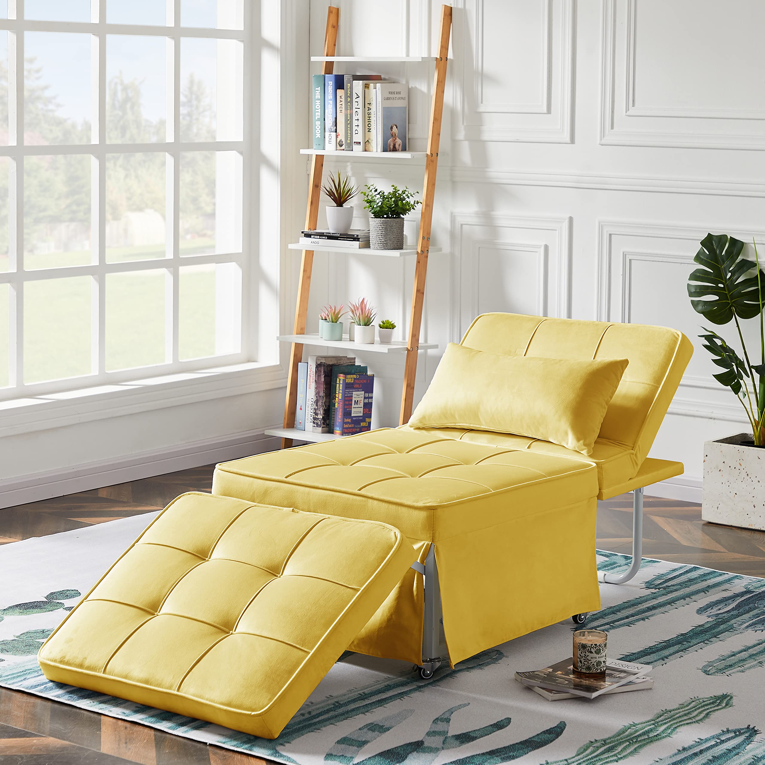 4-in-1 Convertible Ottoman Bed - Velvet Folding Sofa Bed with Adjustable Backrest & 4 Positions - Multi-Functional Chair Bed with Pillow for Small Spaces - Perfect for Apartments, Guest Rooms & Home Offices (Yellow)