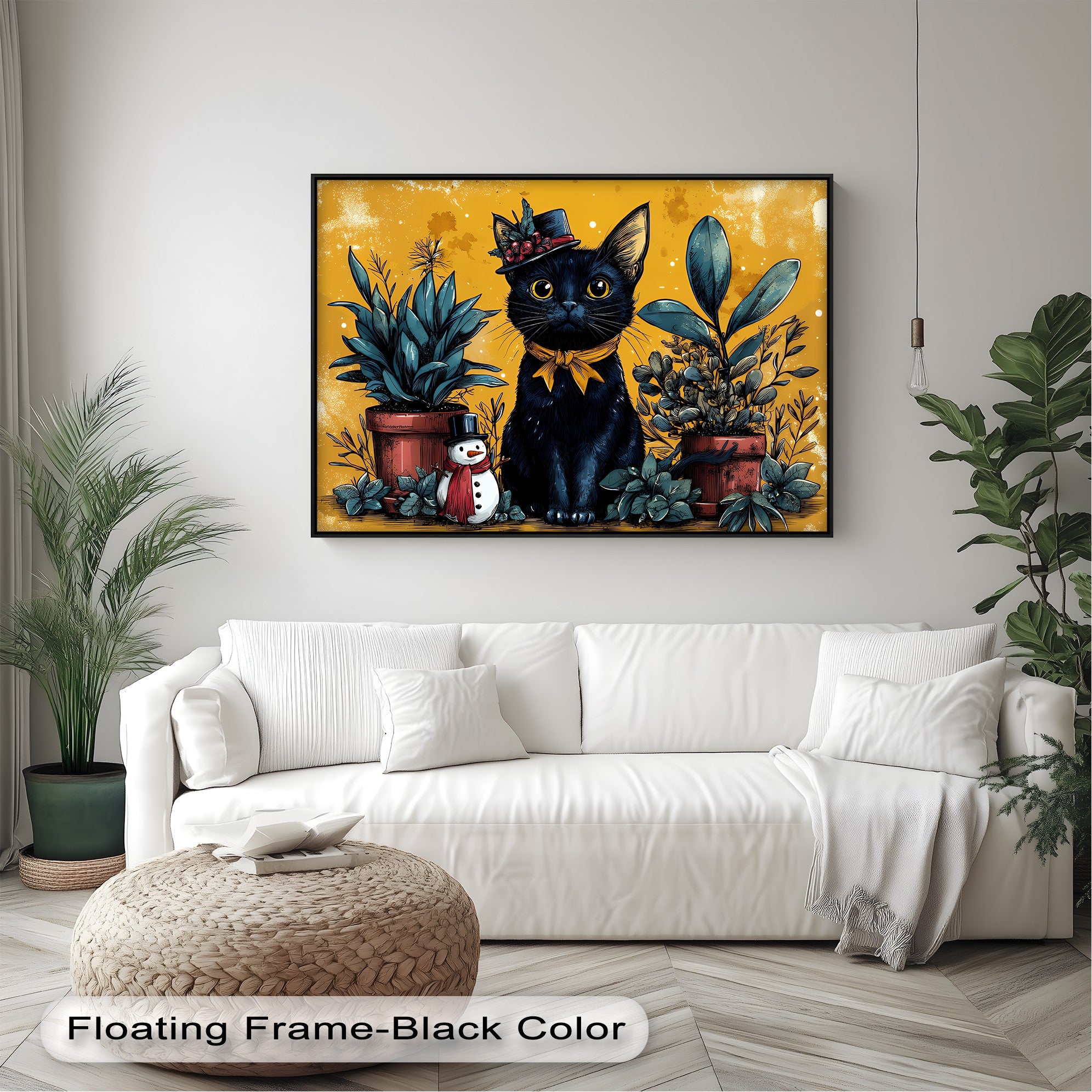Black Cat with Holiday Hat and Yellow Ribbon - Festive Cat Canvas Print Wall Art for Christmas Home Decor, Living Room, Bedroom & Office