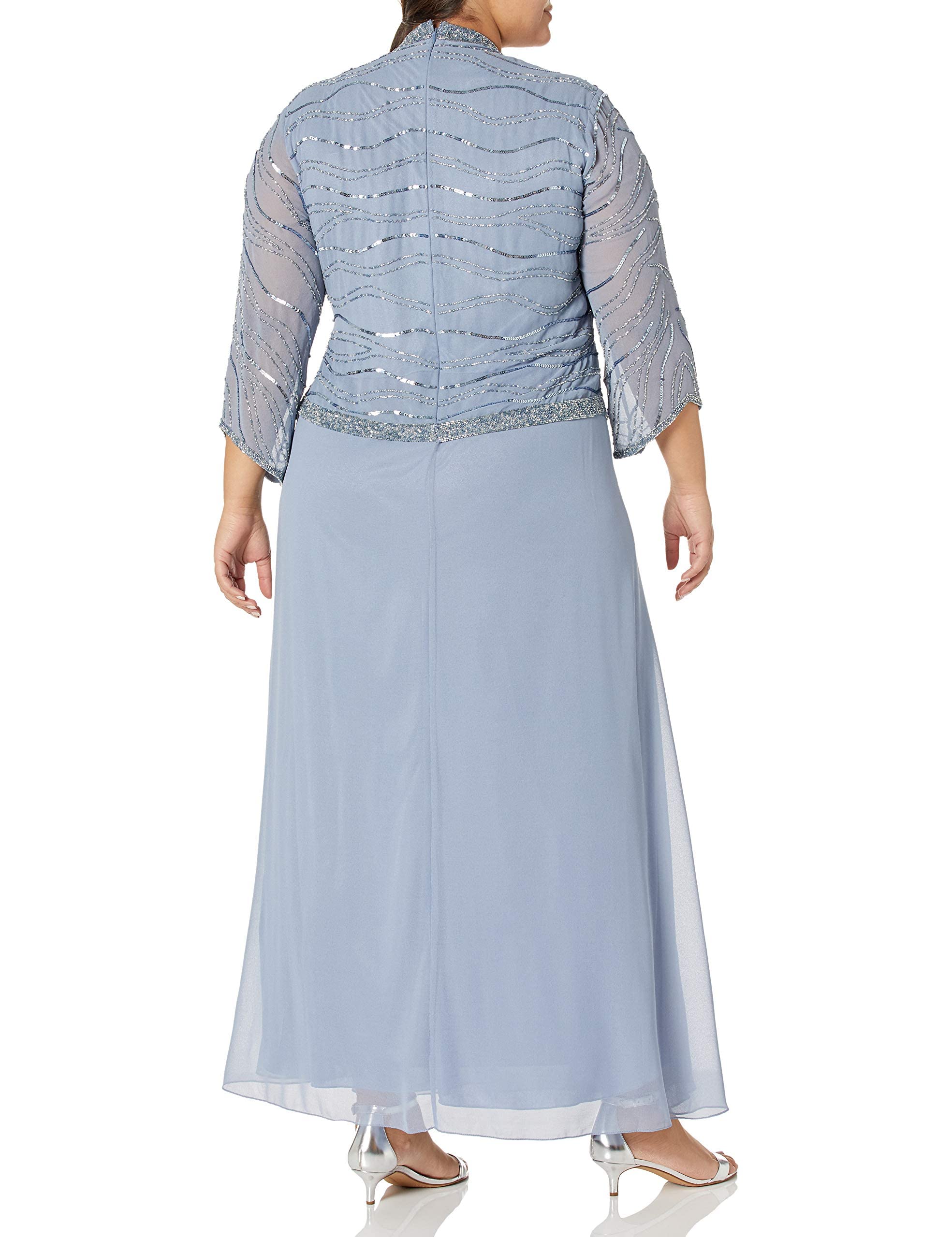 J Kara Women's Plus Size 3/4 Sleeve V-Neck Long Beaded Dress for Evening Party, Wedding Guest, Prom & Special Occasions