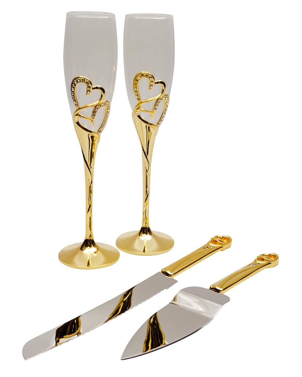 Lassos Boutique 4-Piece Wedding Set - Gold Champagne Flutes, Cake Knife & Pie Server - Elegant Bridal Shower, Anniversary & Reception Tableware for Toasting & Cake Cutting Ceremonies