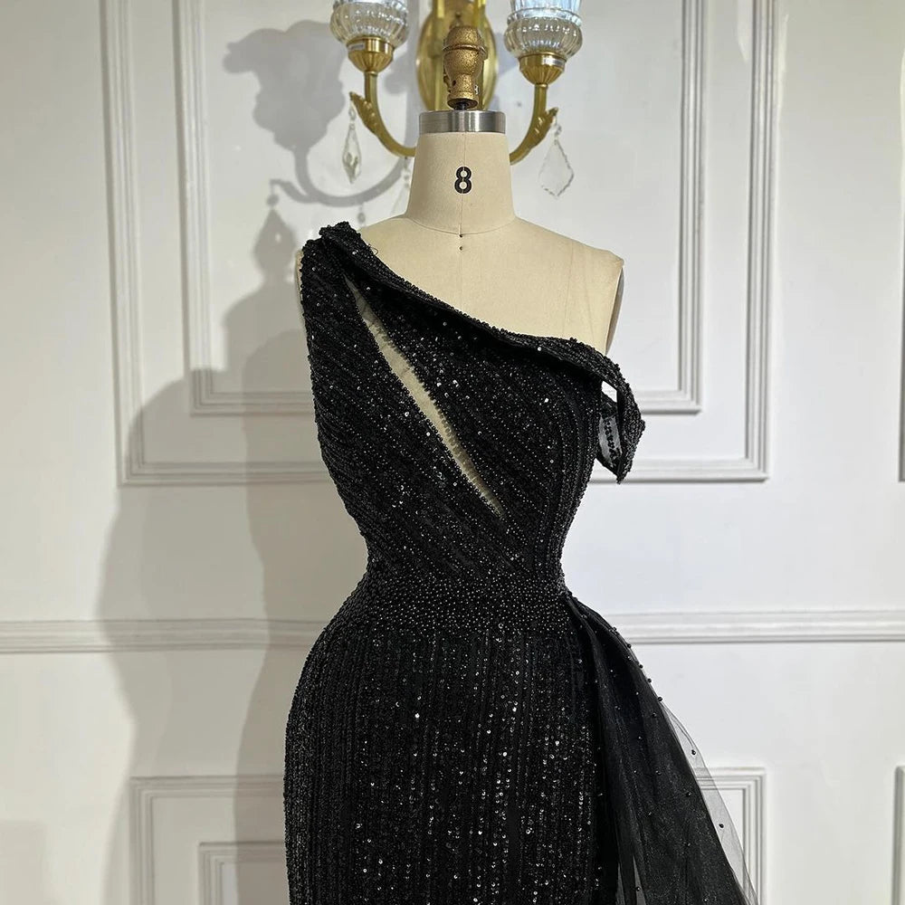 Elegant Yellow One Shoulder Black High Slit Mermaid Beaded Evening Gown for Women - Wedding, Prom, Cocktail Party Dress 2025 | LA72424 | Perfect for Red Carpet Events, Galas & Formal Occasions
