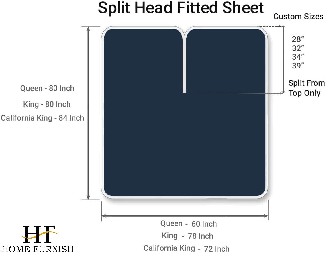 600 Thread Count 100% Cotton Split Queen Fitted Sheet for Adjustable Beds - Navy Blue | Half Split Down 34 Inches from Top | Perfect for Adjustable Beds, Hospital Beds & Home Use
