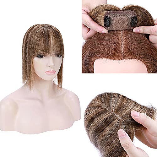 MY-LADY 150% Density Human Hair Toppers With Bangs - 6 Inch Clip-in Hairpiece for Women (4/27 Medium Brown/Dark Blonde) - Silk Base Topper for Thinning Hair & Hair Loss - Perfect for Daily Wear, Special Occasions & Hair Volume Boosting