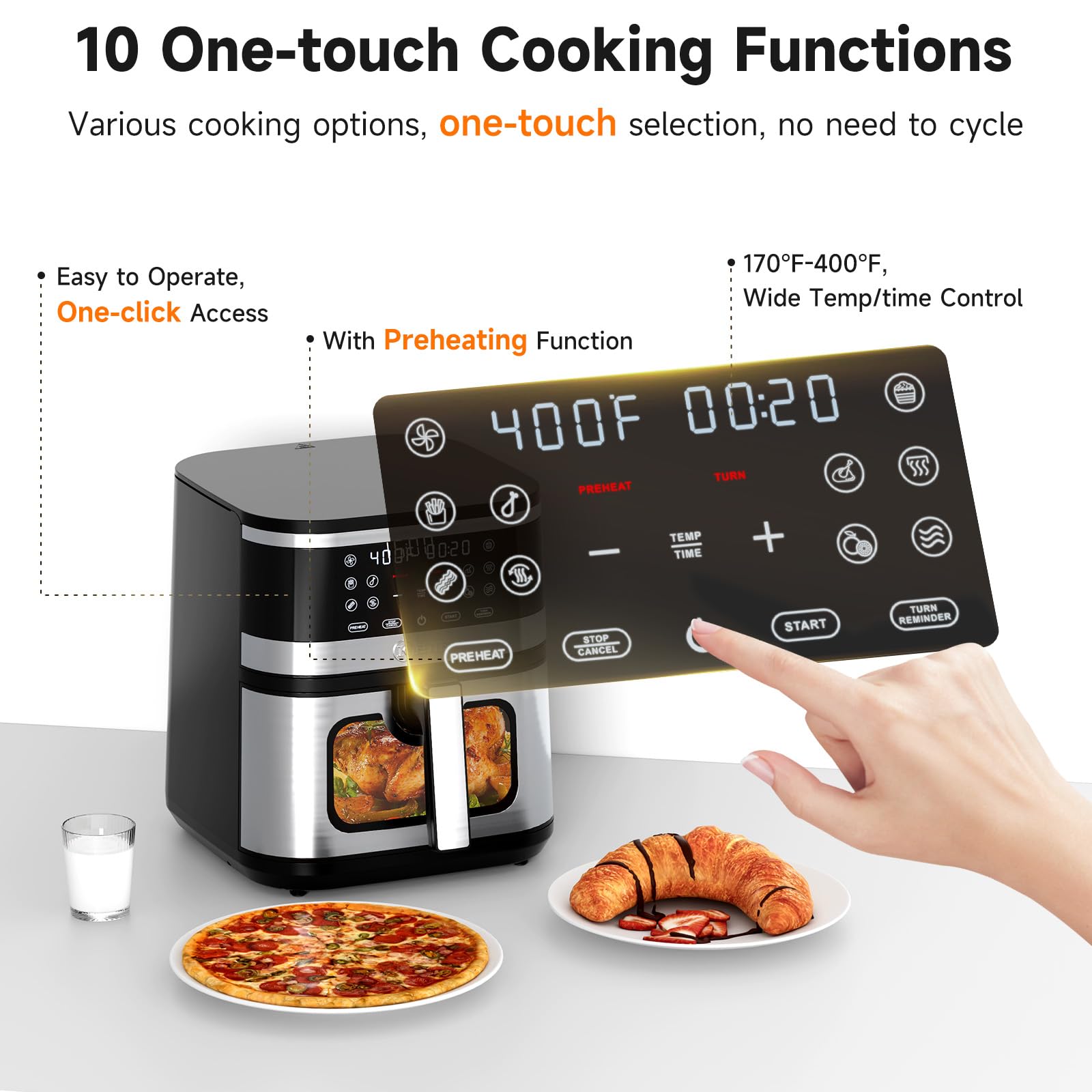 Kitchen Elite® 8.5QT XL Stainless Steel Air Fryer Oven with View Window - 10 One-Touch Functions, Precise Temperature Control, 90% Less Oil, 1700W Rapid Heating for Roasting, Baking & Dehydrating - Perfect for Healthy Cooking, Meal Prep & Family Dinners