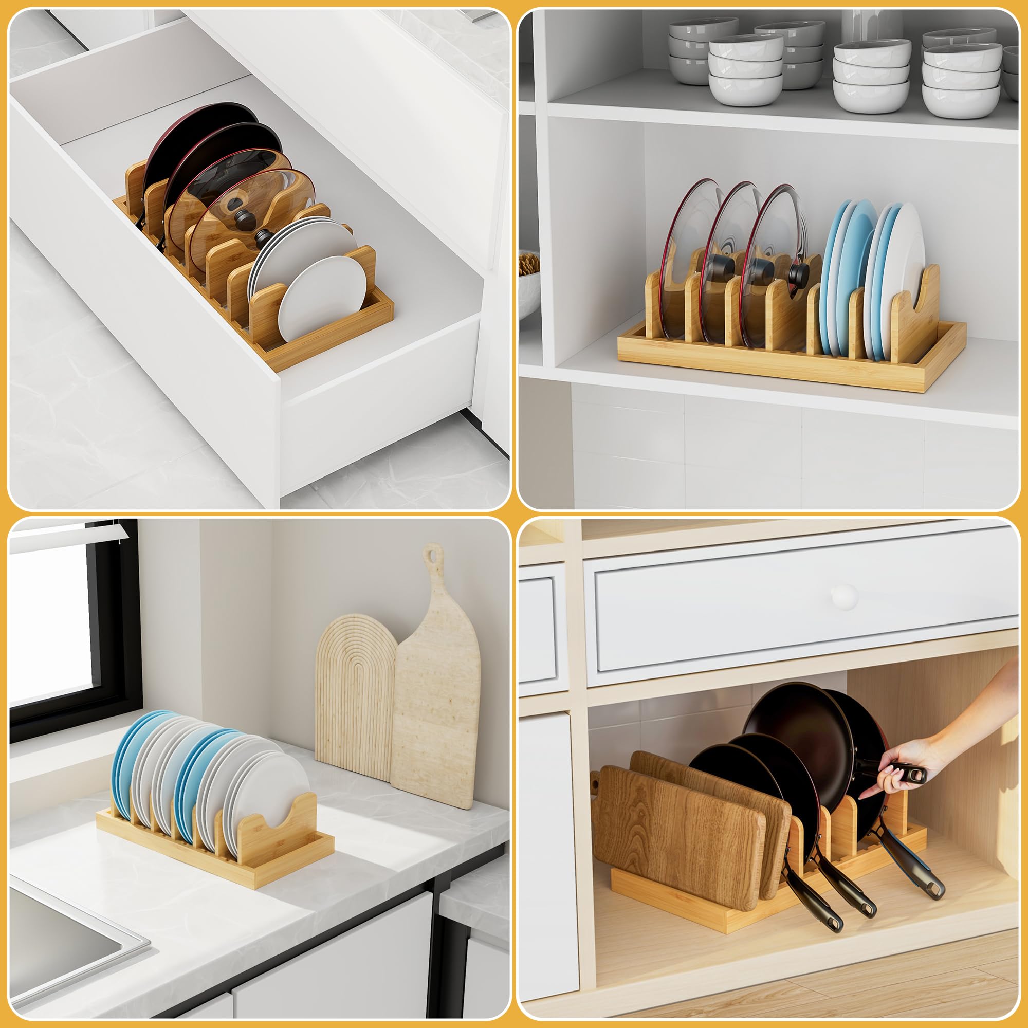 Bamboo Pot Lid Organizer & Drawer Storage - Kitchen Cabinet Organizer for Lids, Pans, Cutting Boards, Baking Sheets & Plates - Perfect for Small Space Kitchen Organization & Decluttering