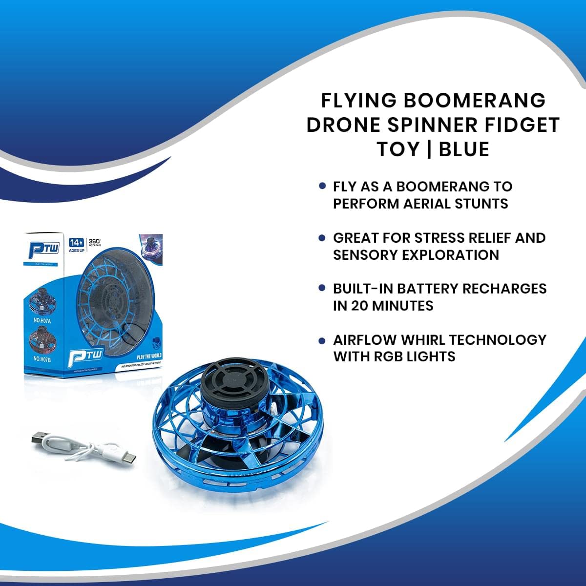 360 Rotating Flying Boomerang Drone with RGB Lights - Hand-Operated Hovering Fidget Spinner Toy for Kids & Adults | Stress Relief Sensory Toy for Anxiety | Cool Novelty Gift for Birthday & Party Games | Indoor & Outdoor Play