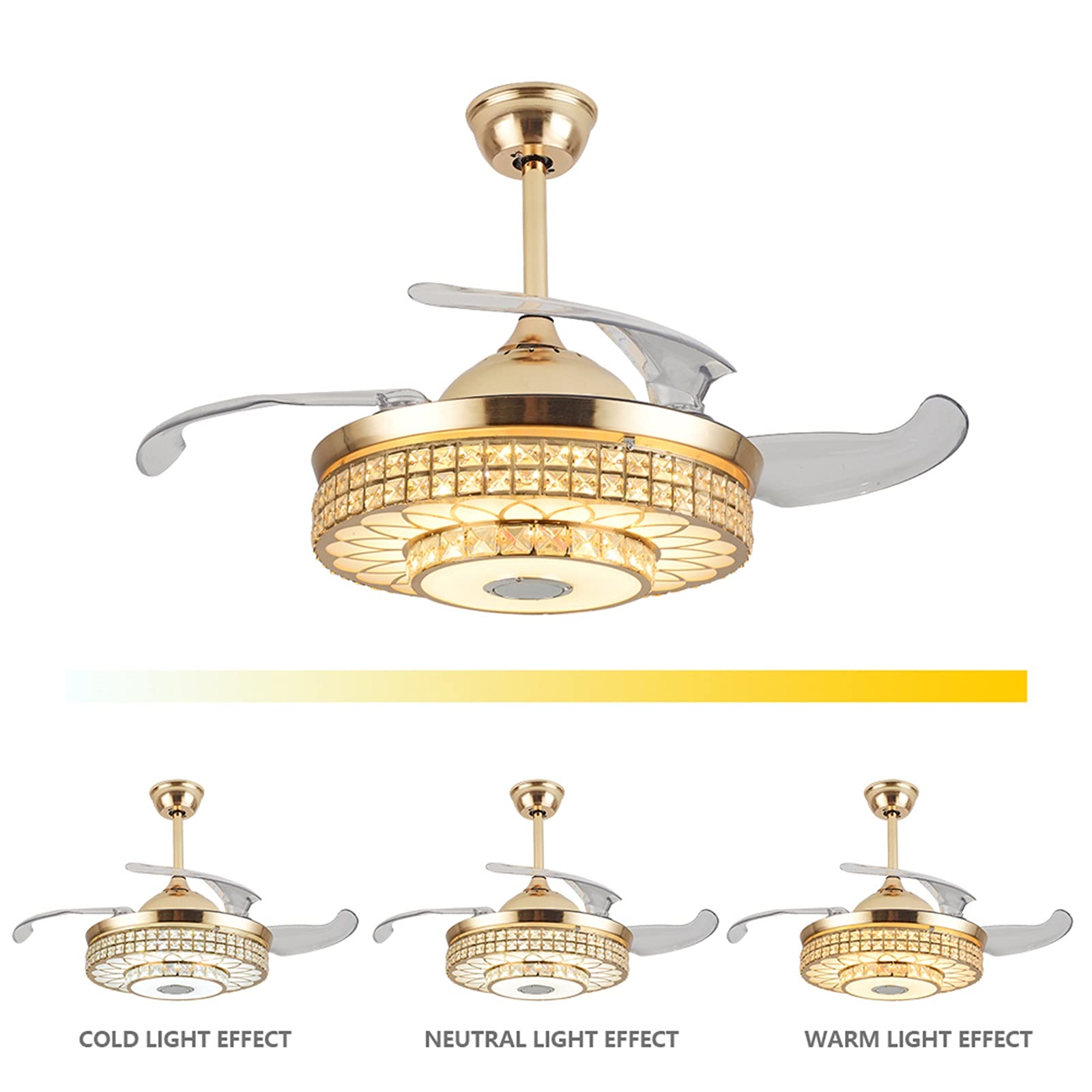 TFCFL 42 Inch Smart Bluetooth Ceiling Fan with Crystal Chandelier Light, Built-in Speaker for Music, 7 Color LED Lighting, Retractable Blades, 3 Speed Settings - Perfect for Bedroom, Dining Room & Living Room (Gold)