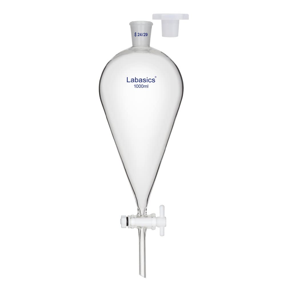 Labasics 1000ml Heavy Wall Borosilicate Glass Conical Separatory Funnel with 24/29 Joints & PTFE Stopcock - Ideal for Chemistry Labs, Liquid Extraction, and Solvent Separation