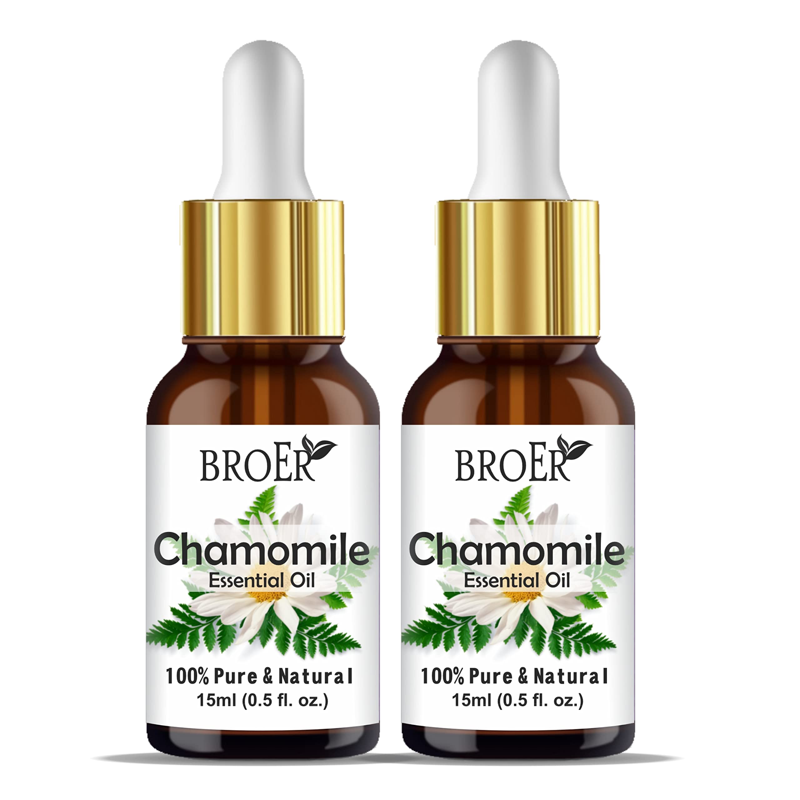 BROER Naturals Chamomile Essential Oil 100% Pure - Undiluted for Skin Care, Hair Growth & Aromatherapy | Reduces Blemishes, Evens Skin Tone | Cruelty Free Vegan | 2-Pack 30ml Bottles | Perfect for Relaxation, Massage & DIY Beauty Recipes
