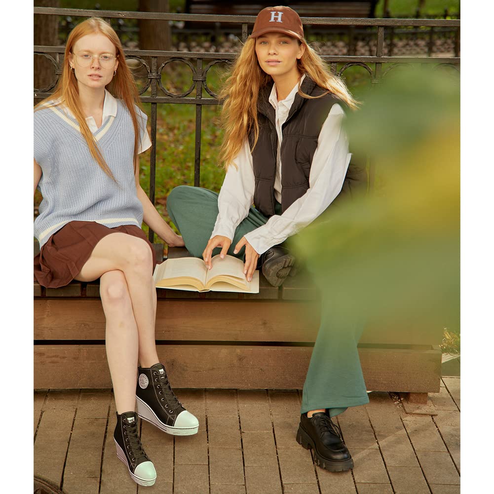 Mei MACLEOD Women's High Heel Wedge Canvas Sneakers - High Top Lace Up Casual Shoes for Teen Girls & College Students | Perfect for School, Campus Wear & Everyday Fashion