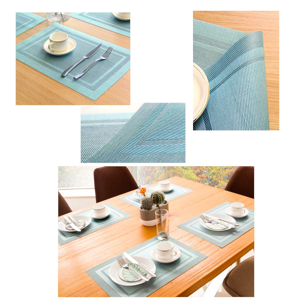 Premium Non-Slip Heat Insulation Placemats Set of 6 - Washable Woven Vinyl Table Mats for Dining Kitchen, Stain Resistant & Easy to Clean (Sky Blue) - Perfect for Family Meals, Dinner Parties & Daily Use