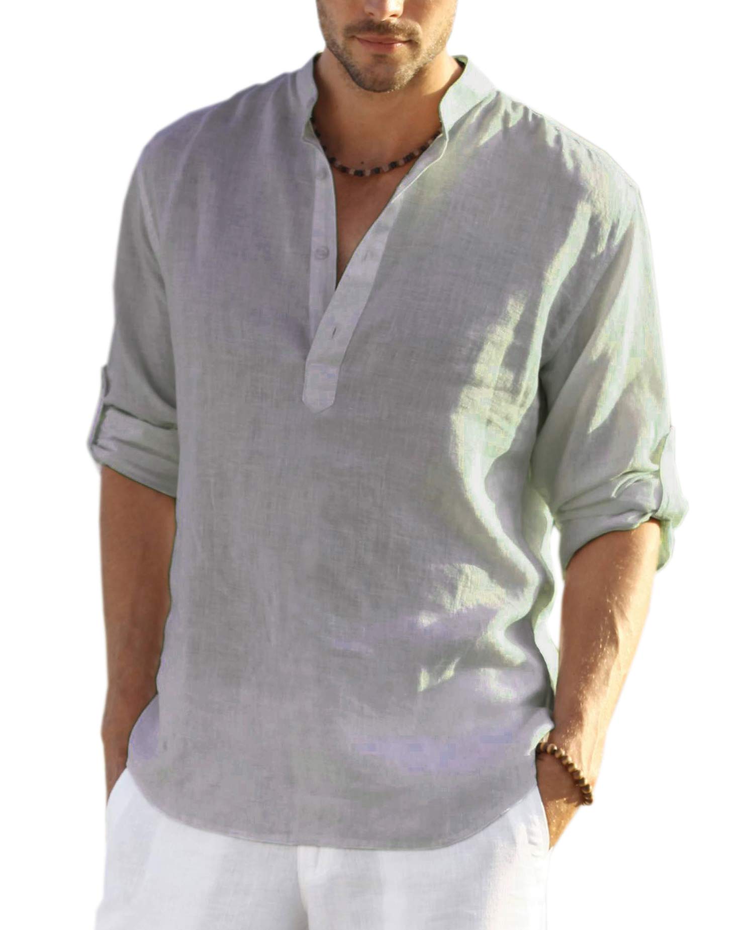 COOFANDY Men's Cotton Linen Henley Shirt - Long Sleeve Casual Beach T-Shirt for Men | Breathable Summer Shirt, Boho Style, Hippie Fashion | Perfect for Beach Outings, Music Festivals & Casual Wear