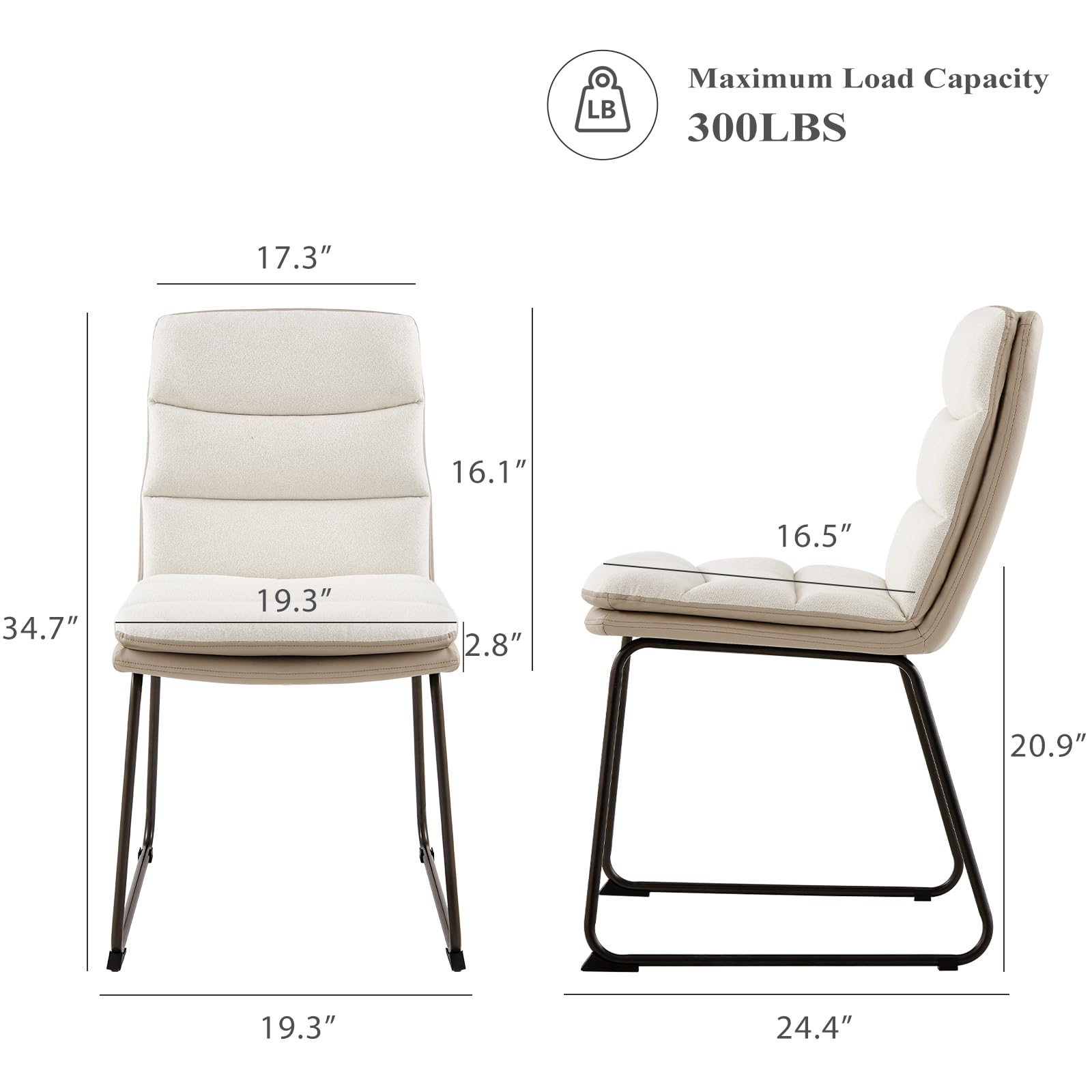 COLAMY Modern Dining Chairs Set of 2 - High Back Waffle Upholstered Kitchen Chairs with Metal Legs, Cream - Perfect for Dining Room, Kitchen, Breakfast Nook & Small Spaces