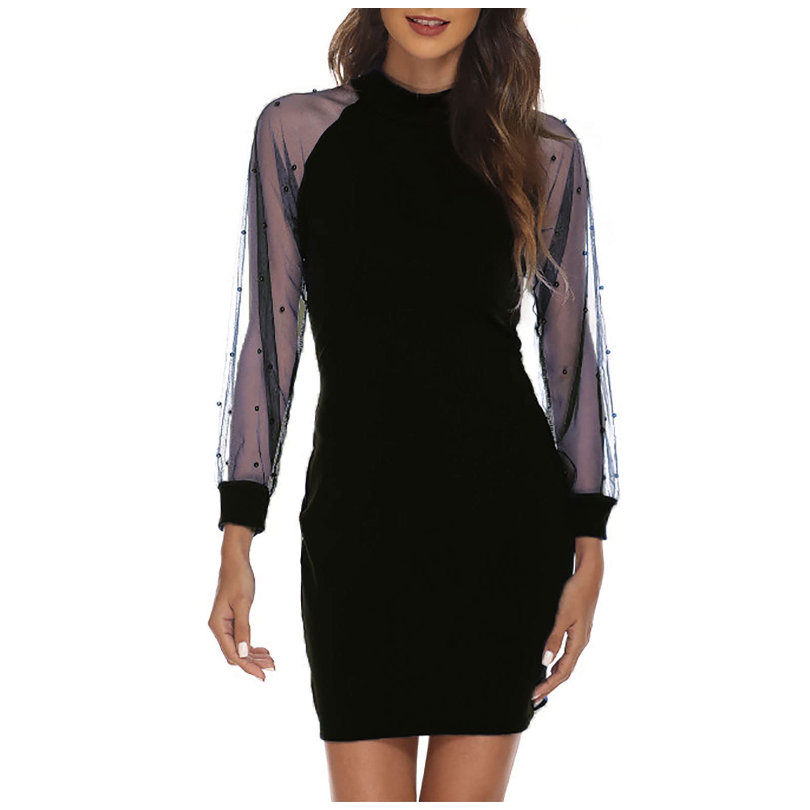 Elegant Black Lace Sleeve Bodycon Dress for Women - Sexy Ruched Pencil Dress with Long Mesh Sleeves, Slim Fit Hip Hugging Wedding Guest Dress | Perfect for Cocktail Parties, Date Nights & Formal Events
