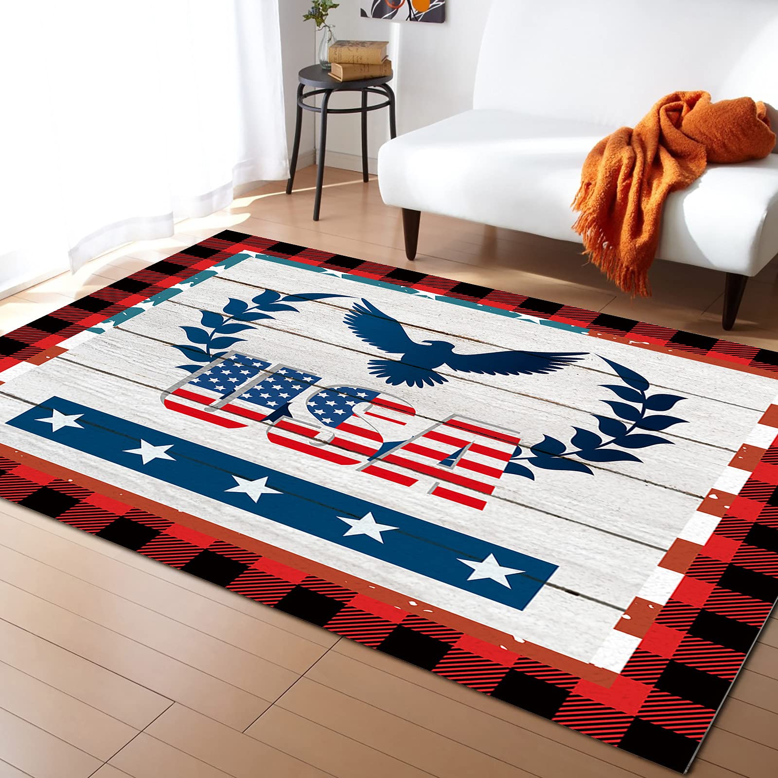 5'x8' Large Rectangle Washable Non-Slip Area Rug - USA Eagle & Wheat Design with Wooden Grain & Red Lattice Pattern for Living Room, Nursery, Bedroom - Perfect for Home Decor and Comfortable Standing Mat
