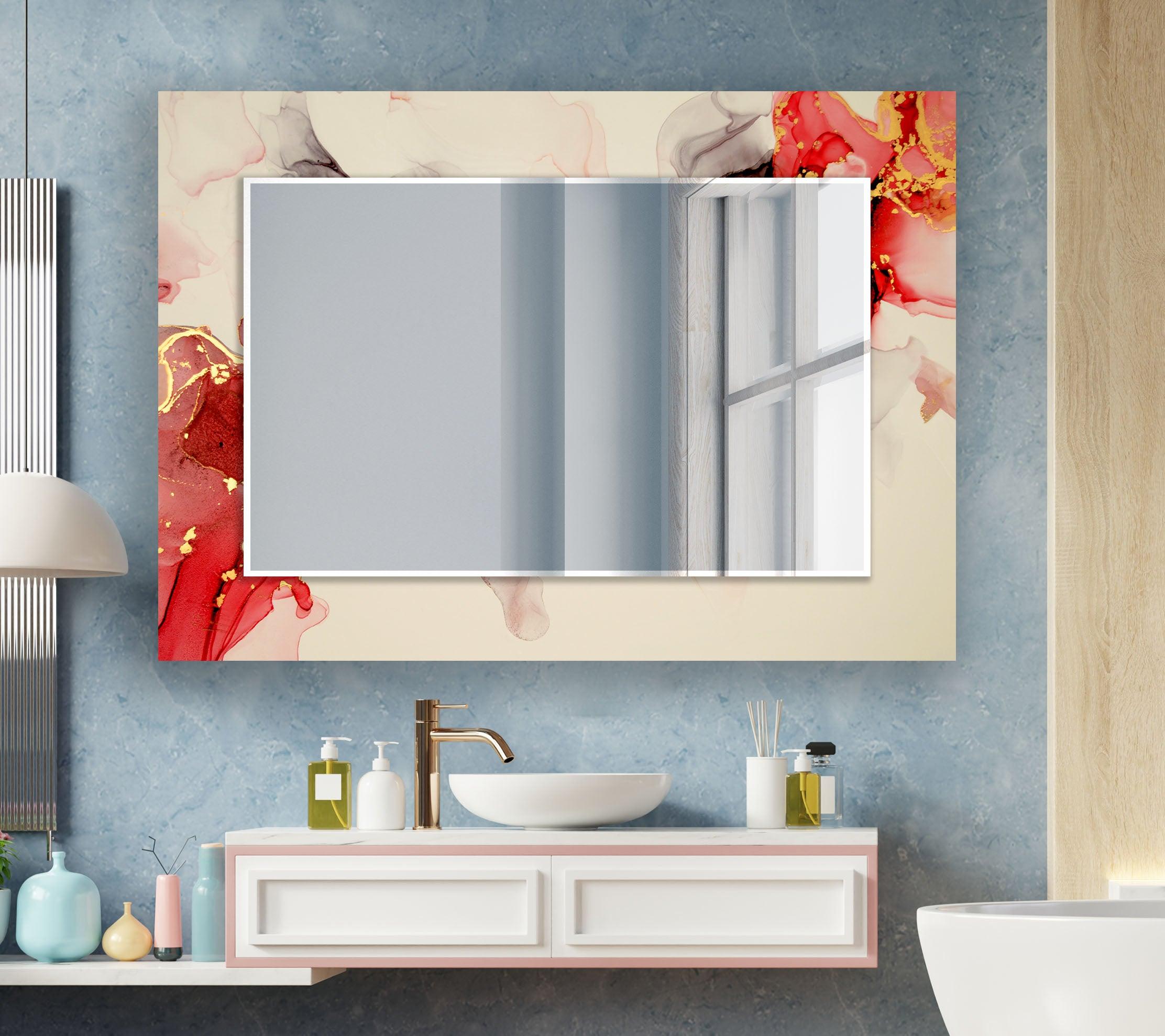 Beige and Gold Accent Wall Mirror with Red Details - Elegant Home Decor for Living Room, Bedroom, or Entryway