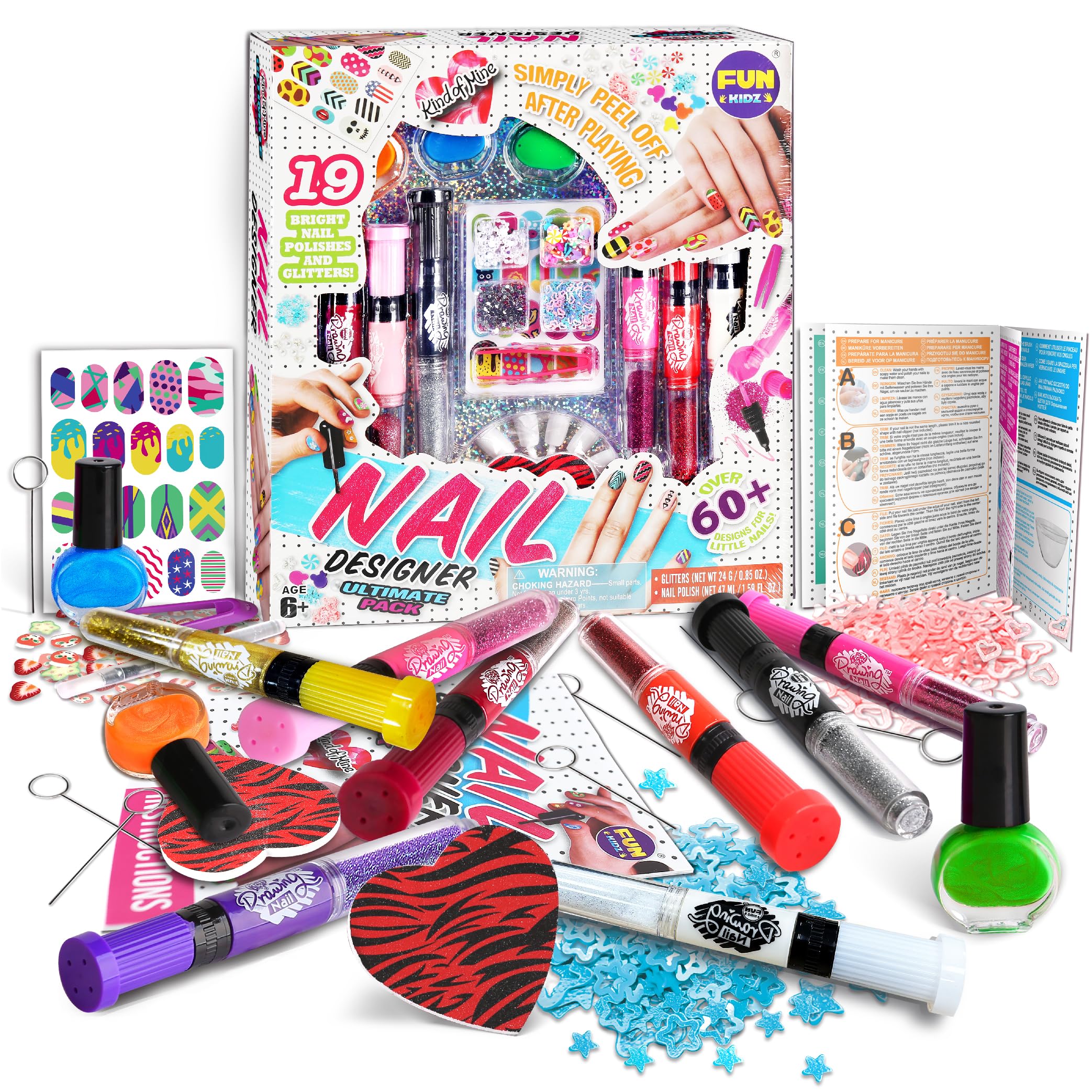 FunKidz Nail Polish Pens Kit for Girls 7-12 - Peelable Nail Art Set with Glitter & Gems for Party & Play